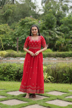 Women’s Red Georgette Gown – Elegant Designer Wear with Embroidered Detailing