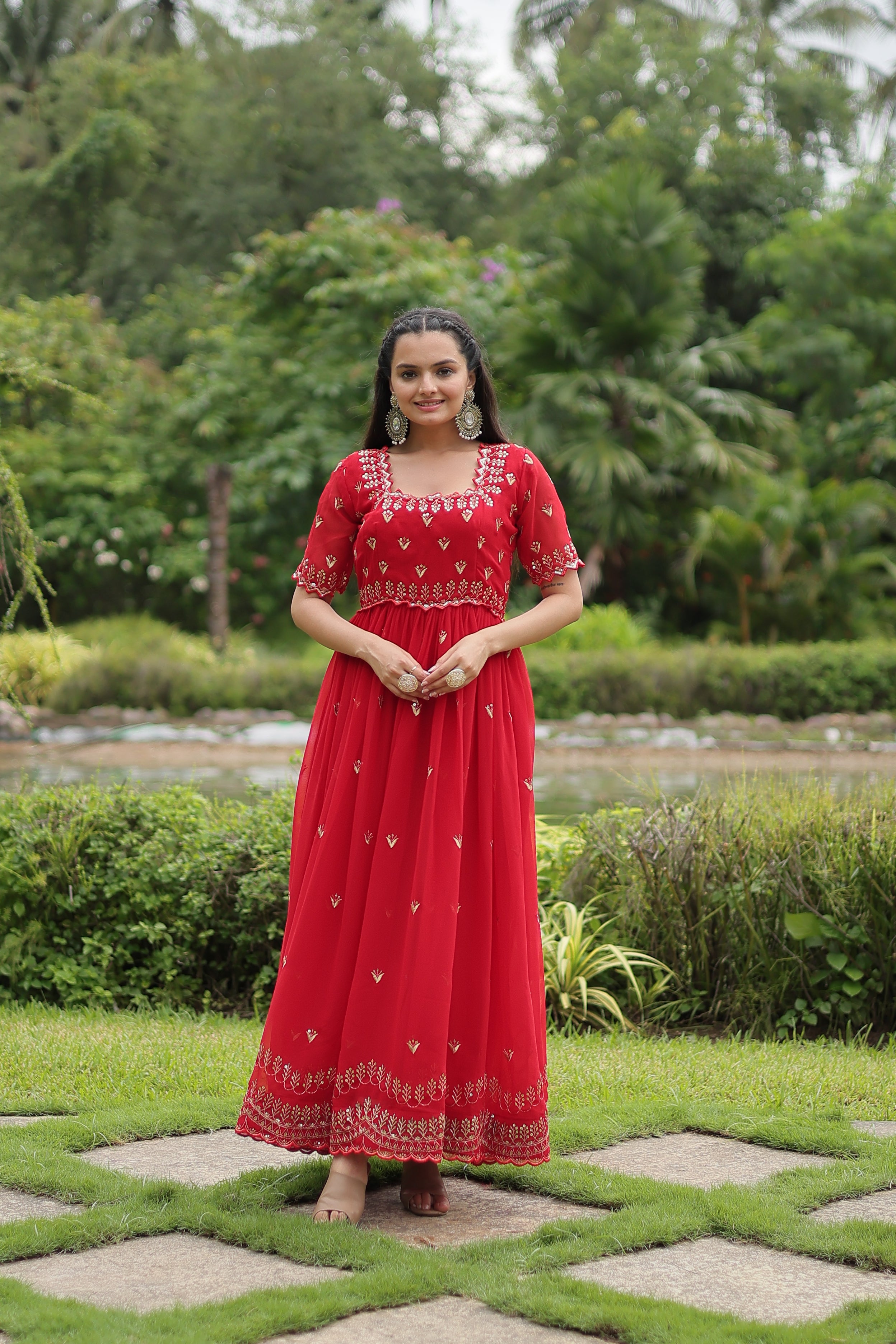 Women’s Red Georgette Gown – Elegant Designer Wear with Embroidered Detailing