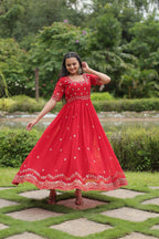 Women’s Red Georgette Gown – Elegant Designer Wear with Embroidered Detailing