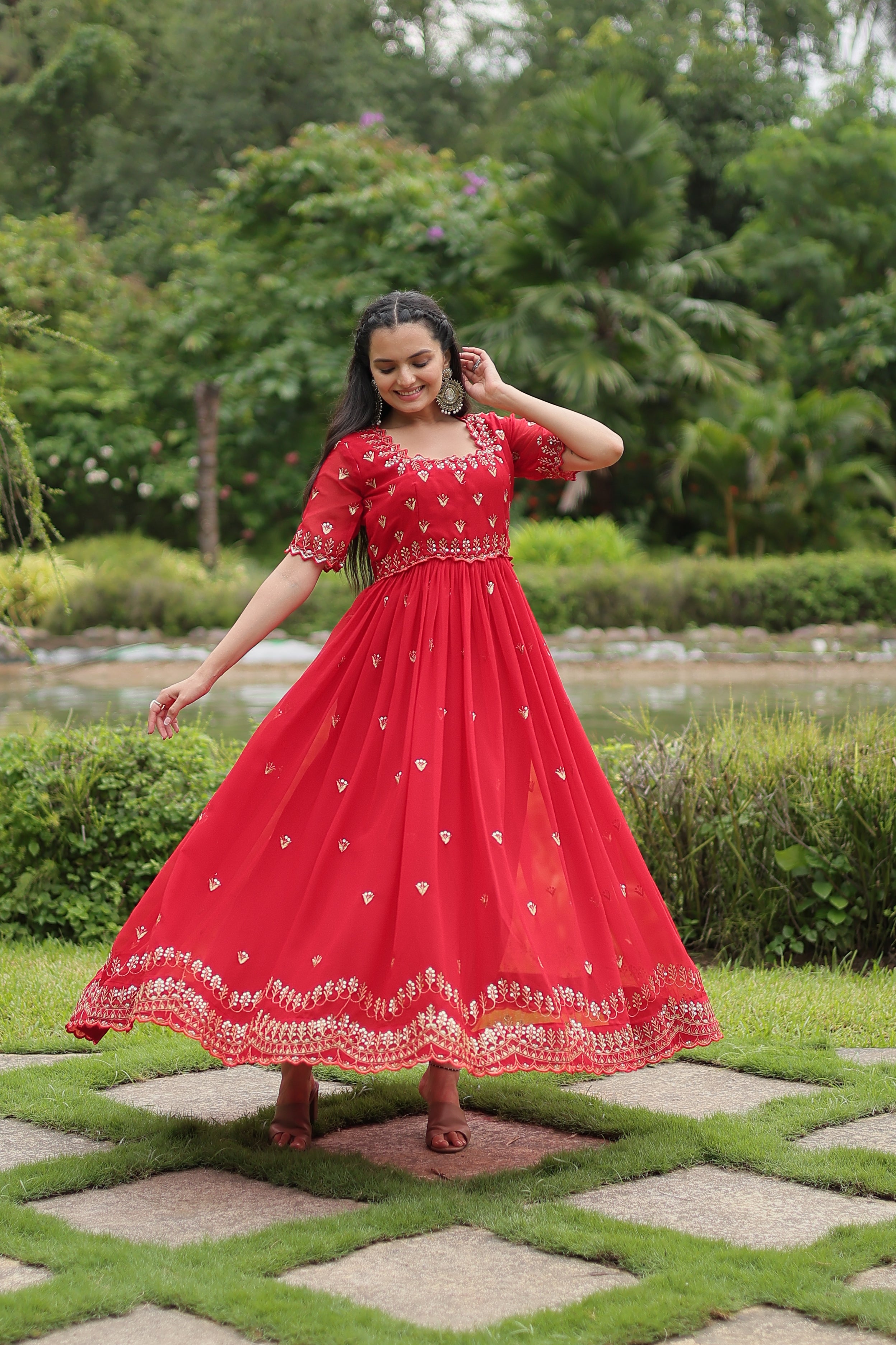 Women’s Red Georgette Gown – Elegant Designer Wear with Embroidered Detailing