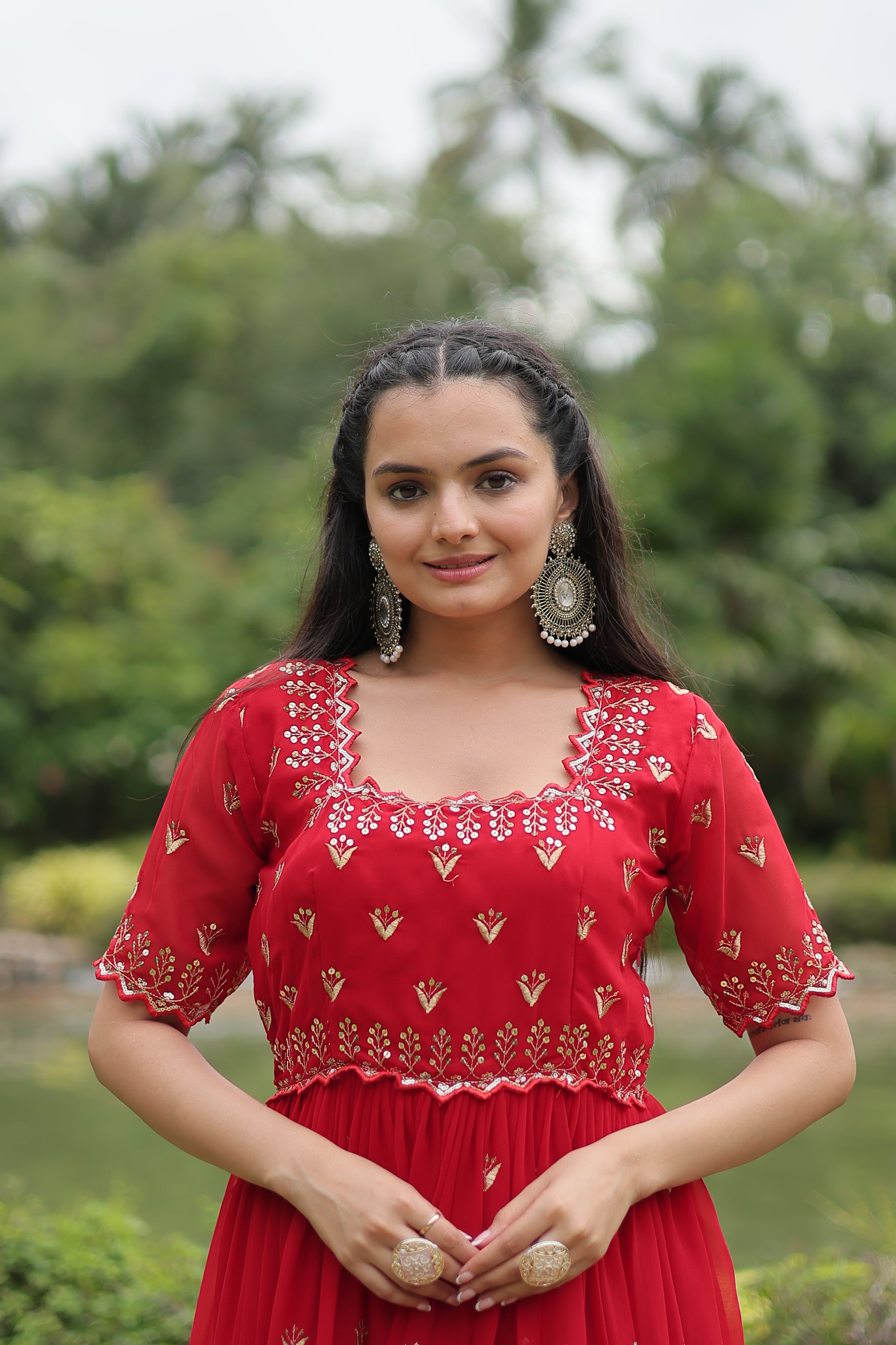 Women’s Red Georgette Gown – Elegant Designer Wear with Embroidered Detailing