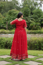 Women’s Red Georgette Gown – Elegant Designer Wear with Embroidered Detailing