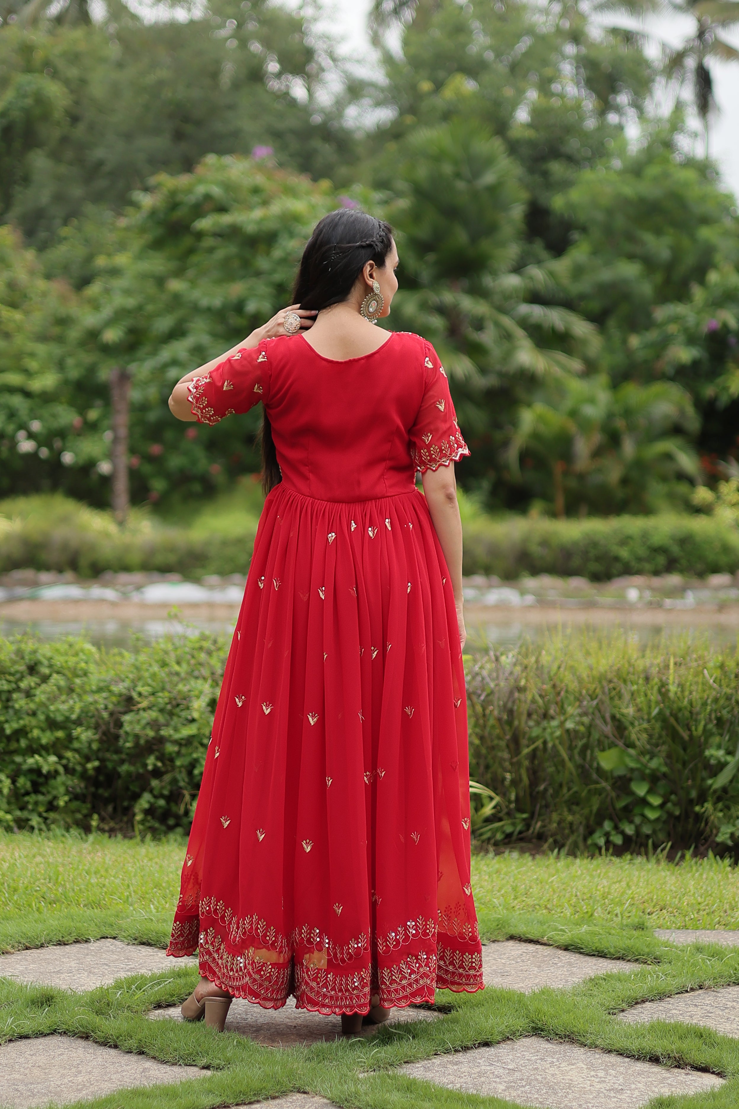 Women’s Red Georgette Gown – Elegant Designer Wear with Embroidered Detailing
