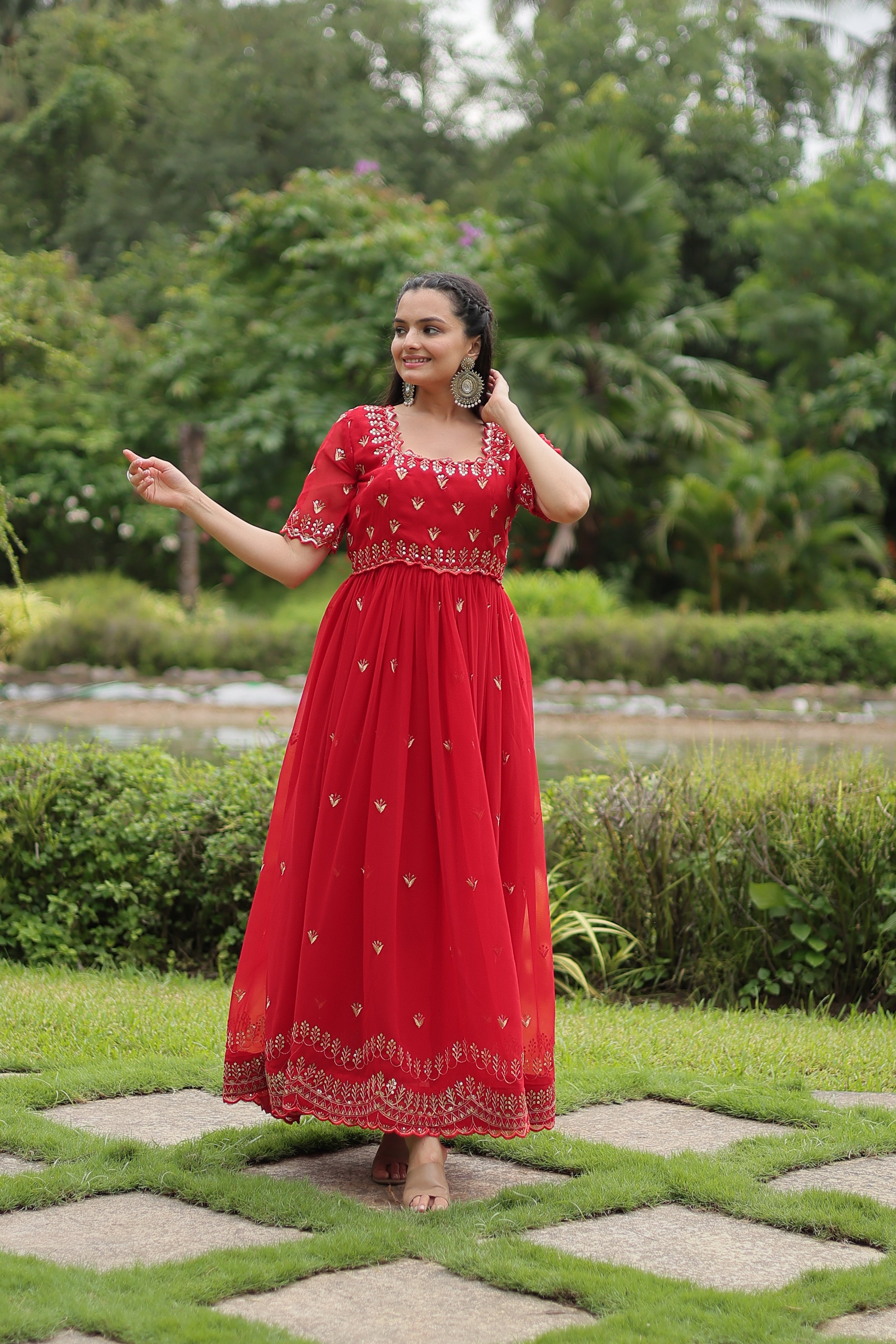 Women’s Red Georgette Gown – Elegant Designer Wear with Embroidered Detailing