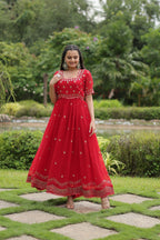 Women’s Red Georgette Gown – Elegant Designer Wear with Embroidered Detailing