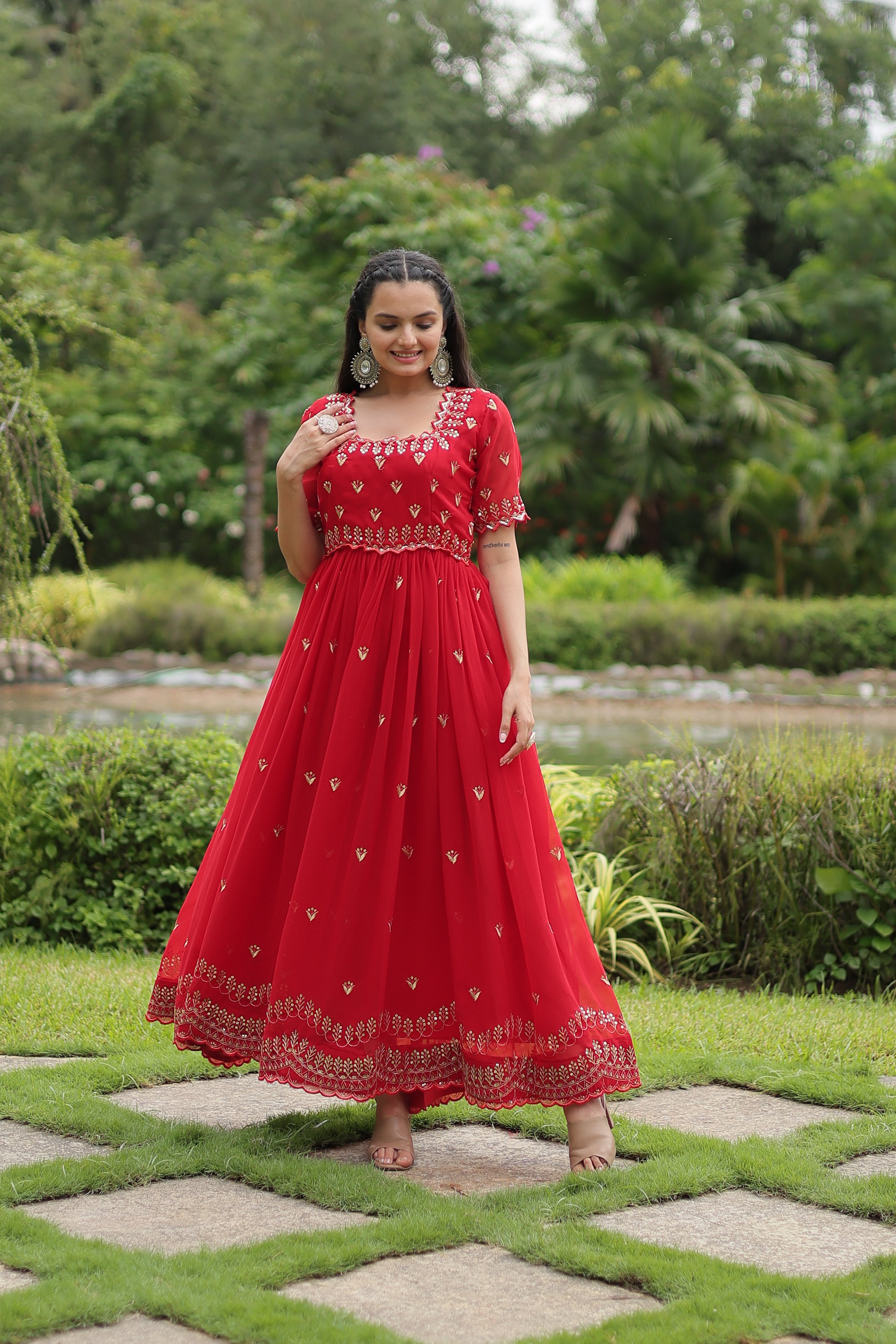 Women’s Red Georgette Gown – Elegant Designer Wear with Embroidered Detailing