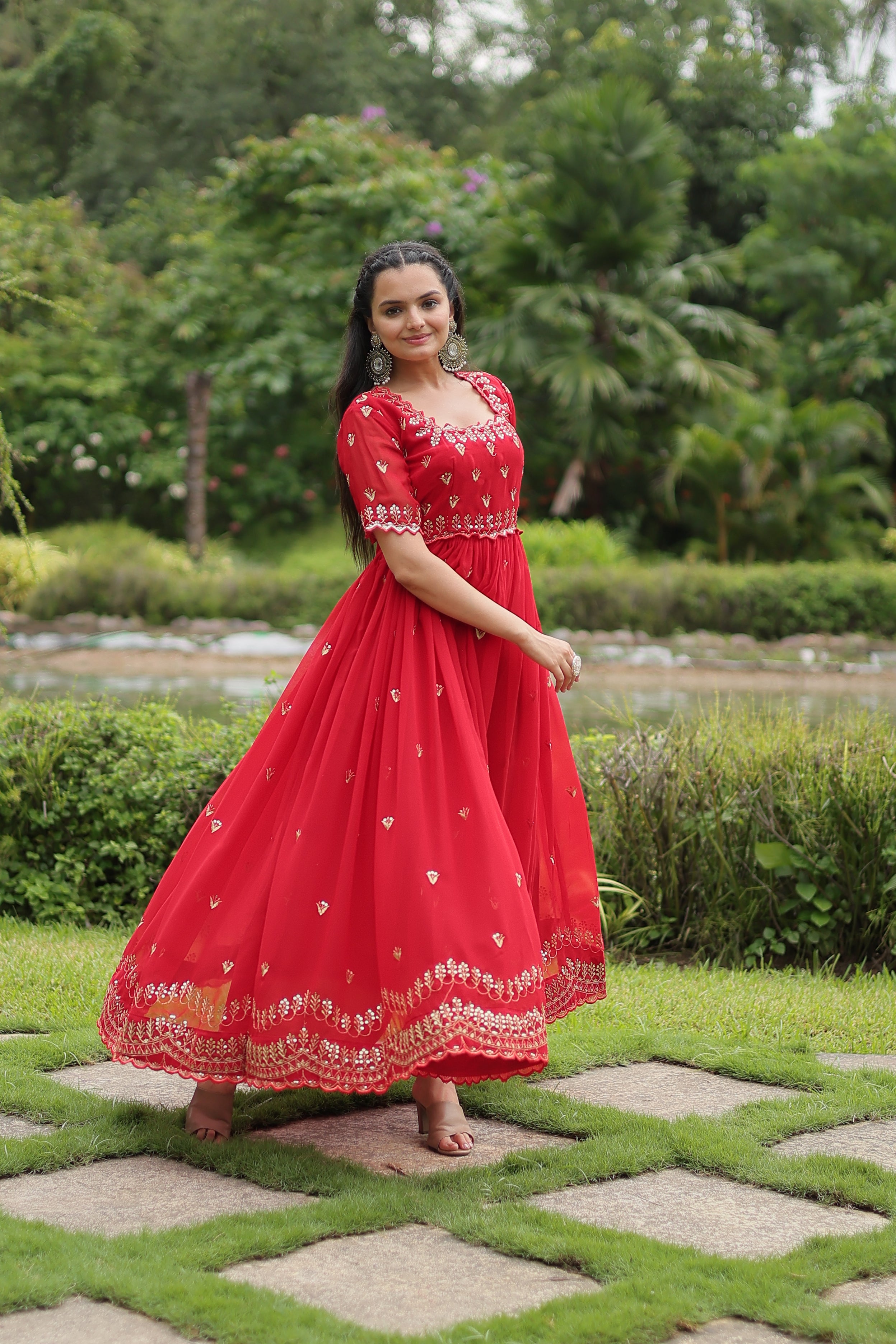 Women’s Red Georgette Gown – Elegant Designer Wear with Embroidered Detailing