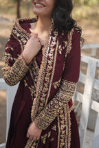 Women’s Maroon Silk Gown – Elegant Designer Wear with Embroidered Detailing