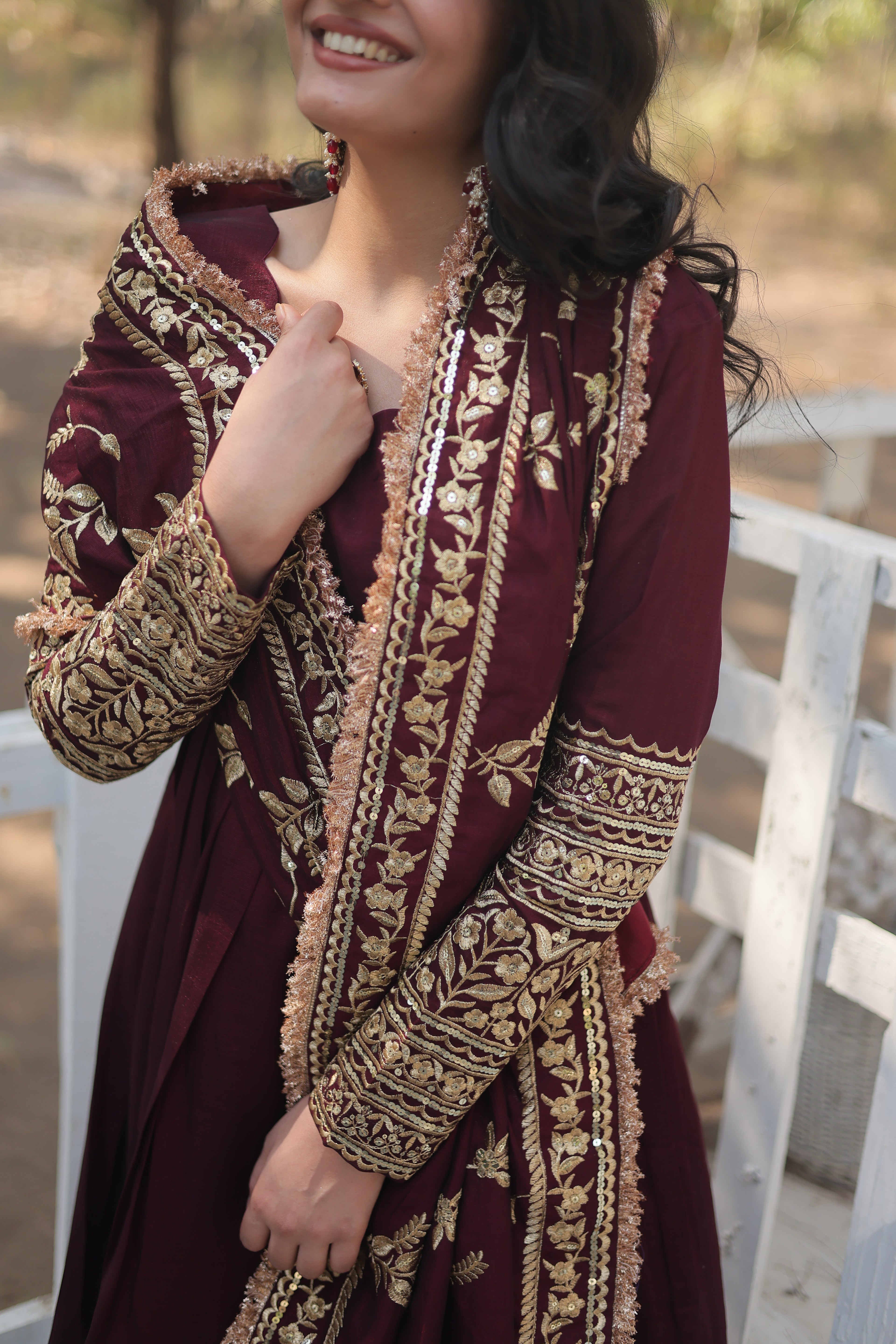 Women’s Maroon Silk Gown – Elegant Designer Wear with Embroidered Detailing