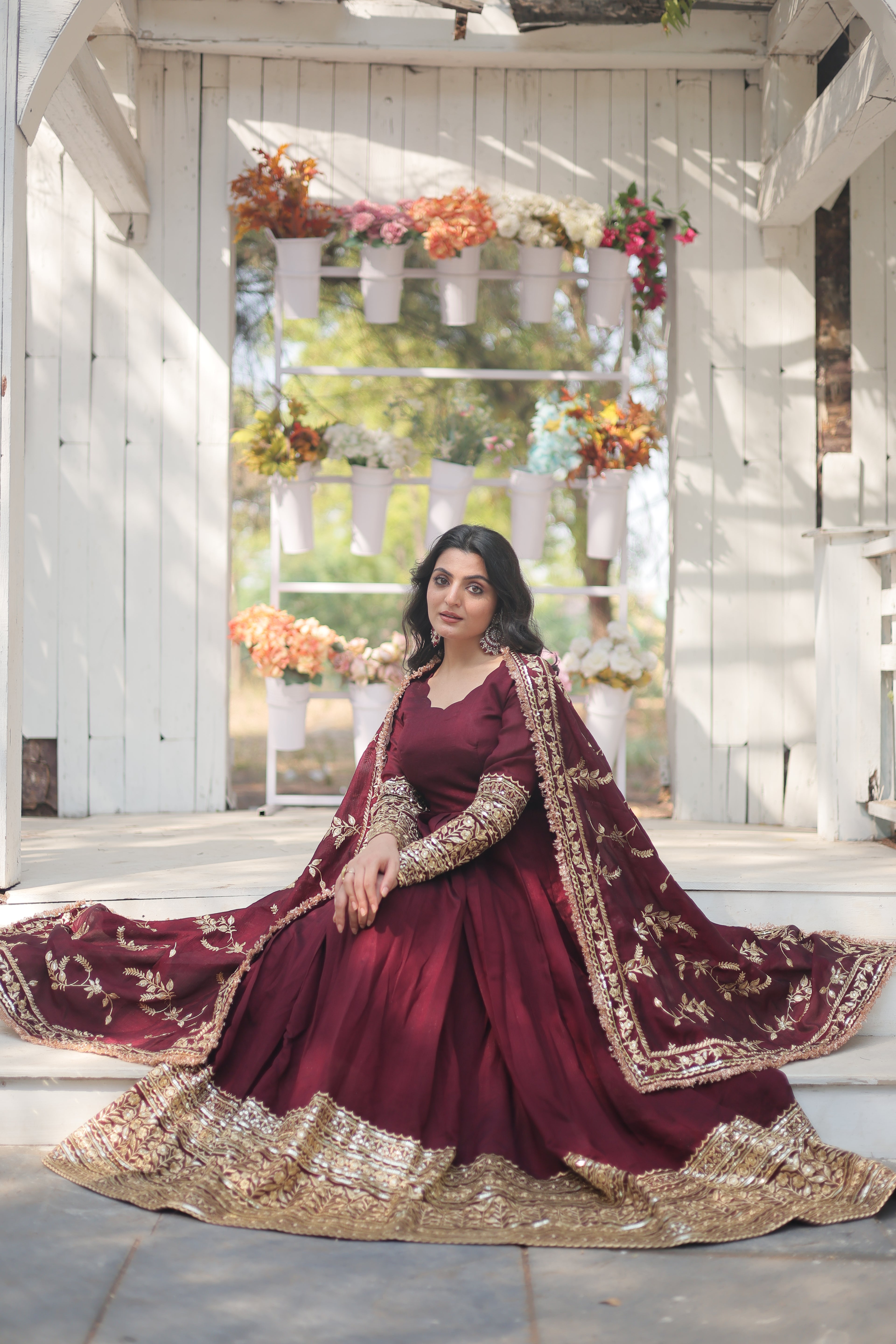 Women’s Maroon Silk Gown – Elegant Designer Wear with Embroidered Detailing