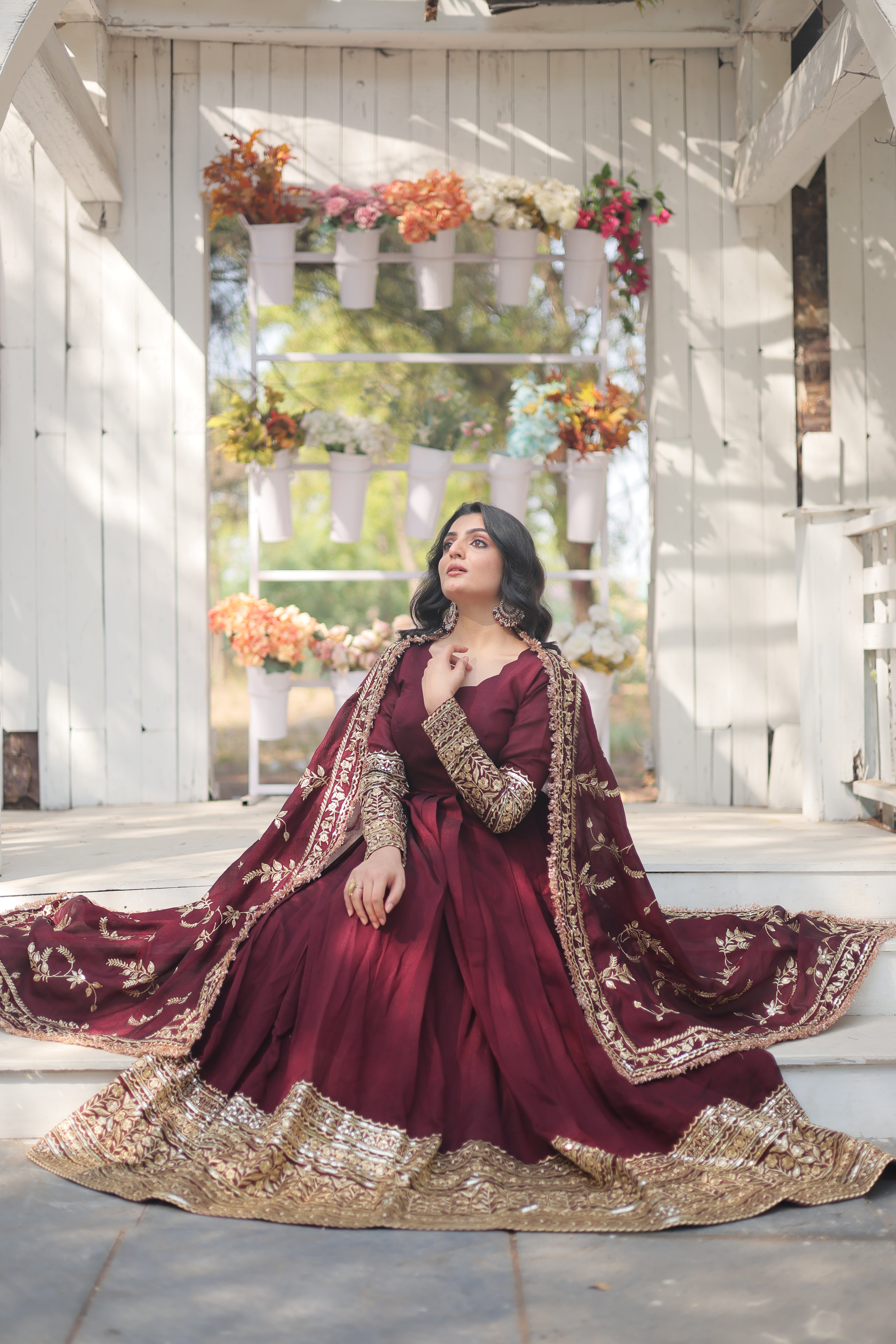 Women’s Maroon Silk Gown – Elegant Designer Wear with Embroidered Detailing
