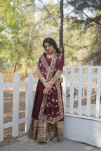 Women’s Maroon Silk Gown – Elegant Designer Wear with Embroidered Detailing
