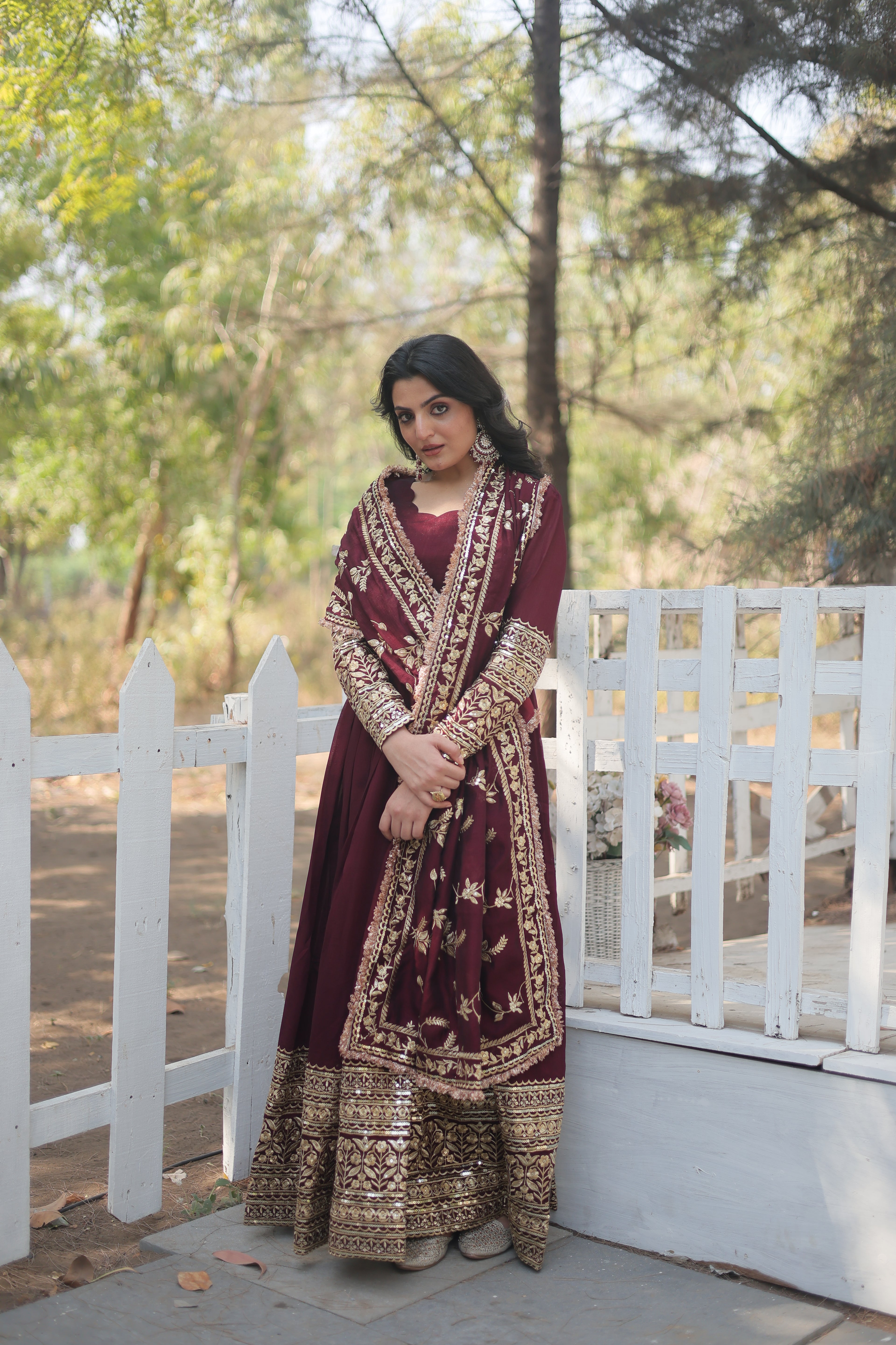 Women’s Maroon Silk Gown – Elegant Designer Wear with Embroidered Detailing