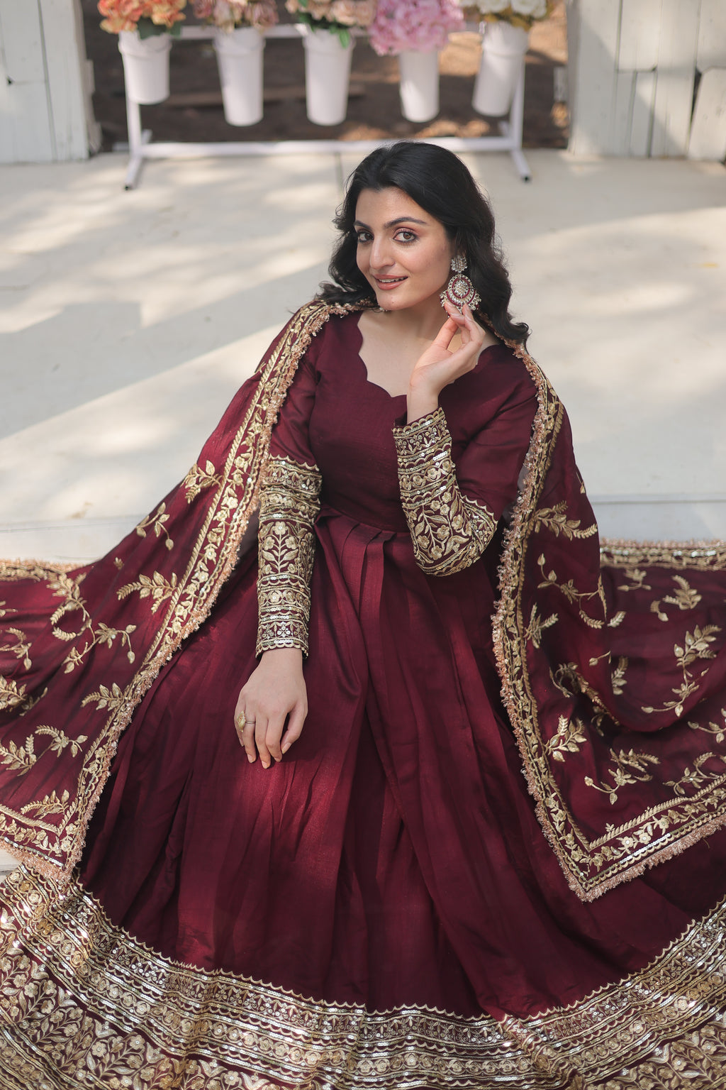 Women’s Maroon Silk Gown – Elegant Designer Wear with Embroidered Detailing