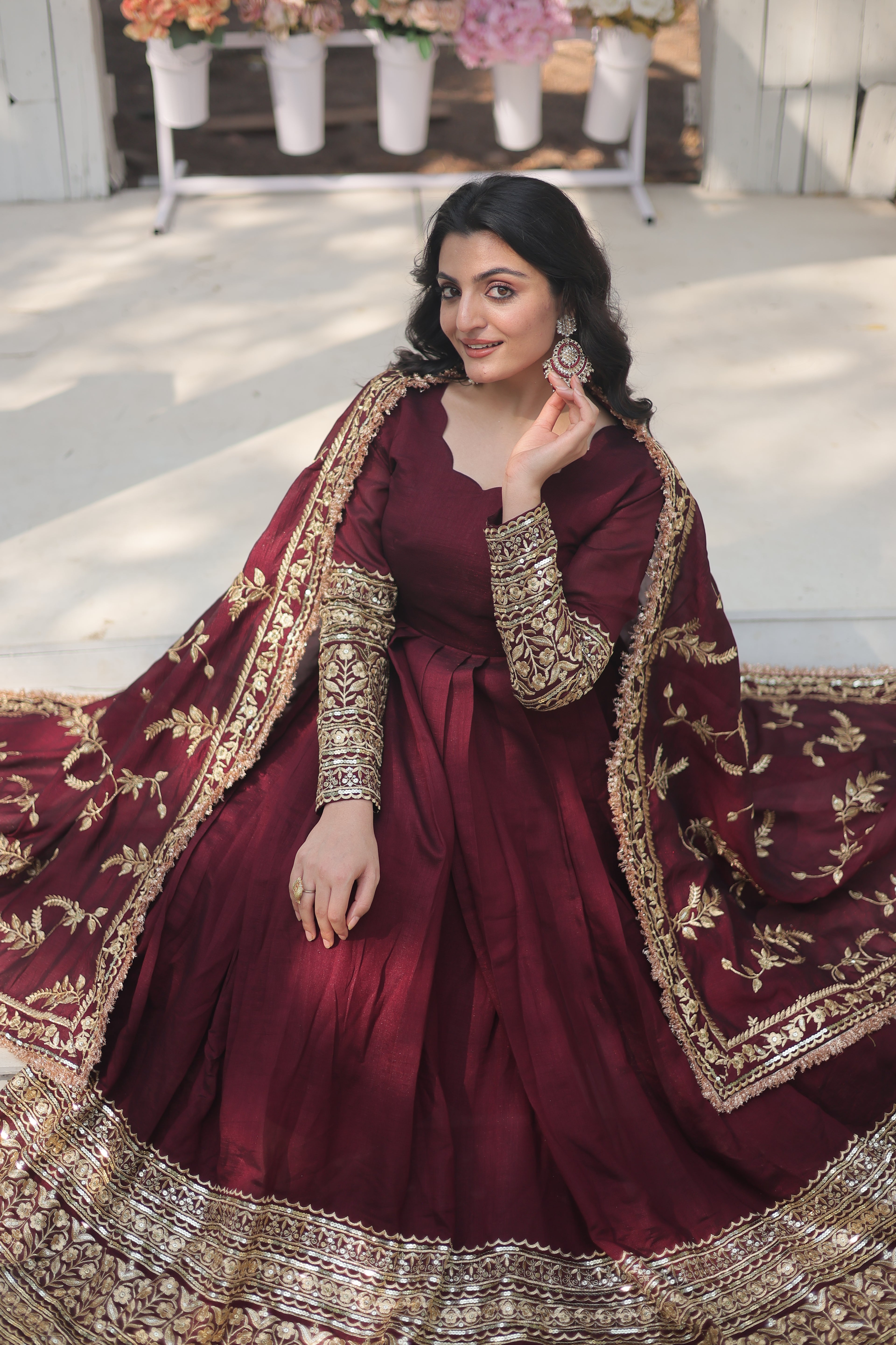 Women’s Maroon Silk Gown – Elegant Designer Wear with Embroidered Detailing