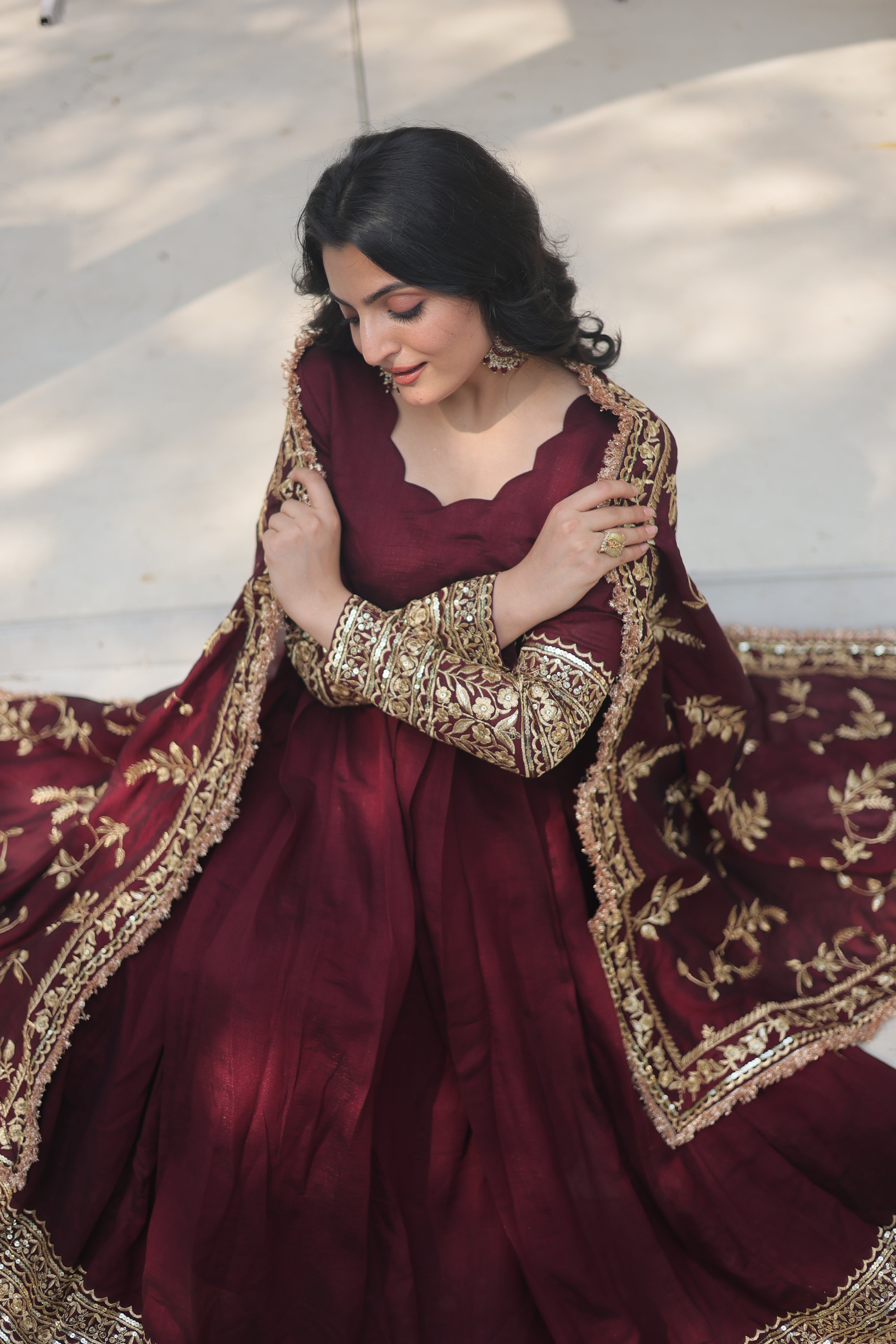 Women’s Maroon Silk Gown – Elegant Designer Wear with Embroidered Detailing