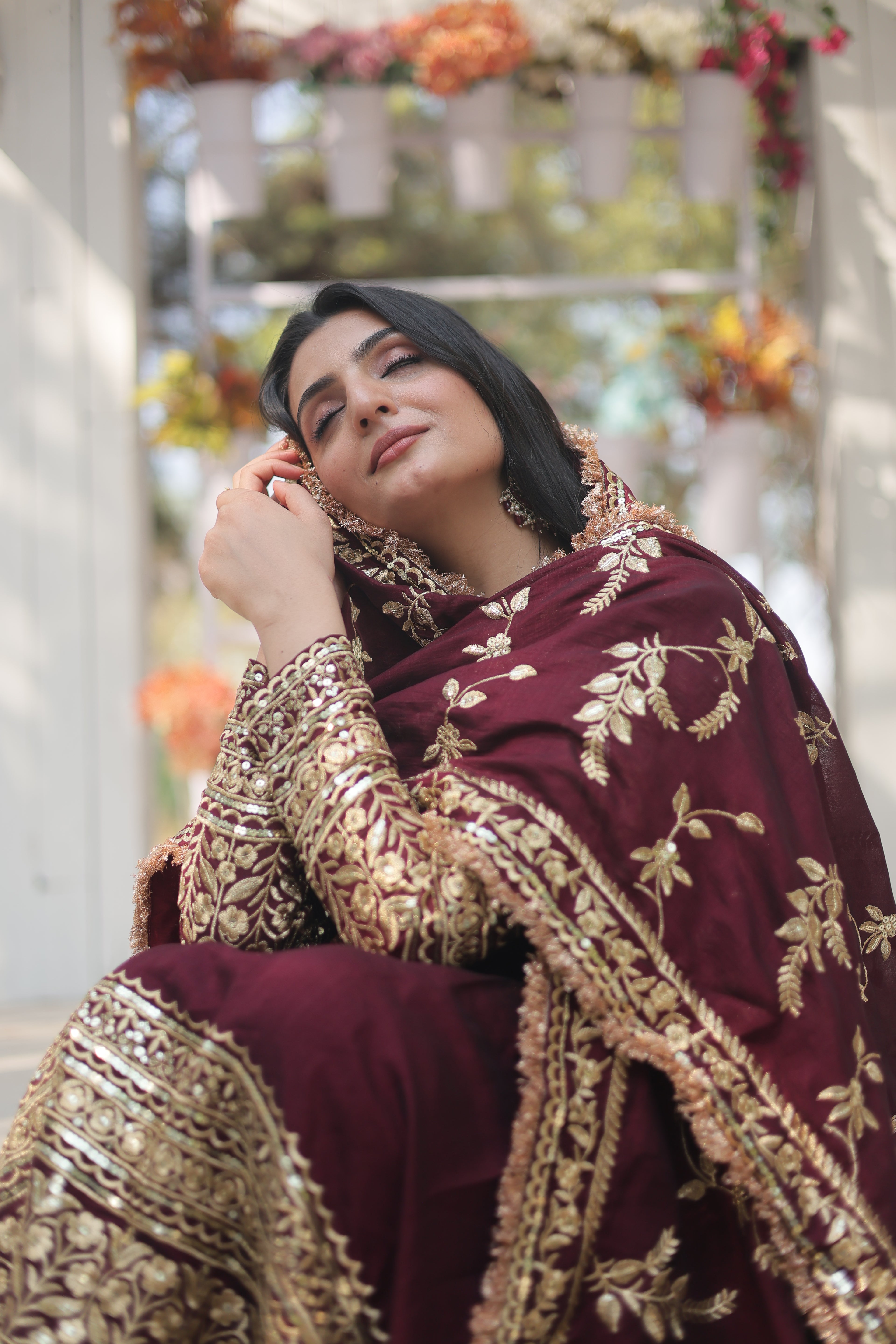 Women’s Maroon Silk Gown – Elegant Designer Wear with Embroidered Detailing