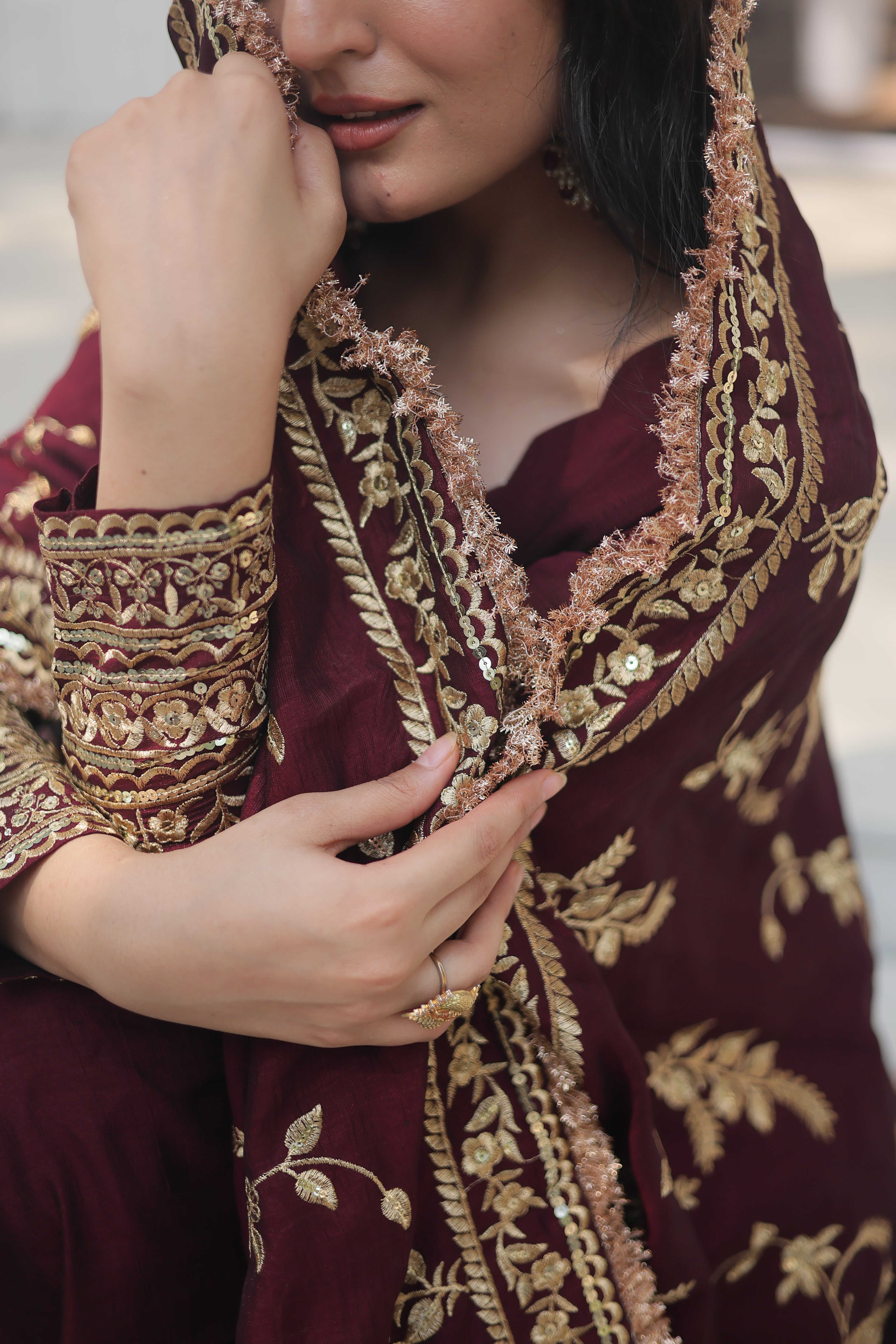 Women’s Maroon Silk Gown – Elegant Designer Wear with Embroidered Detailing