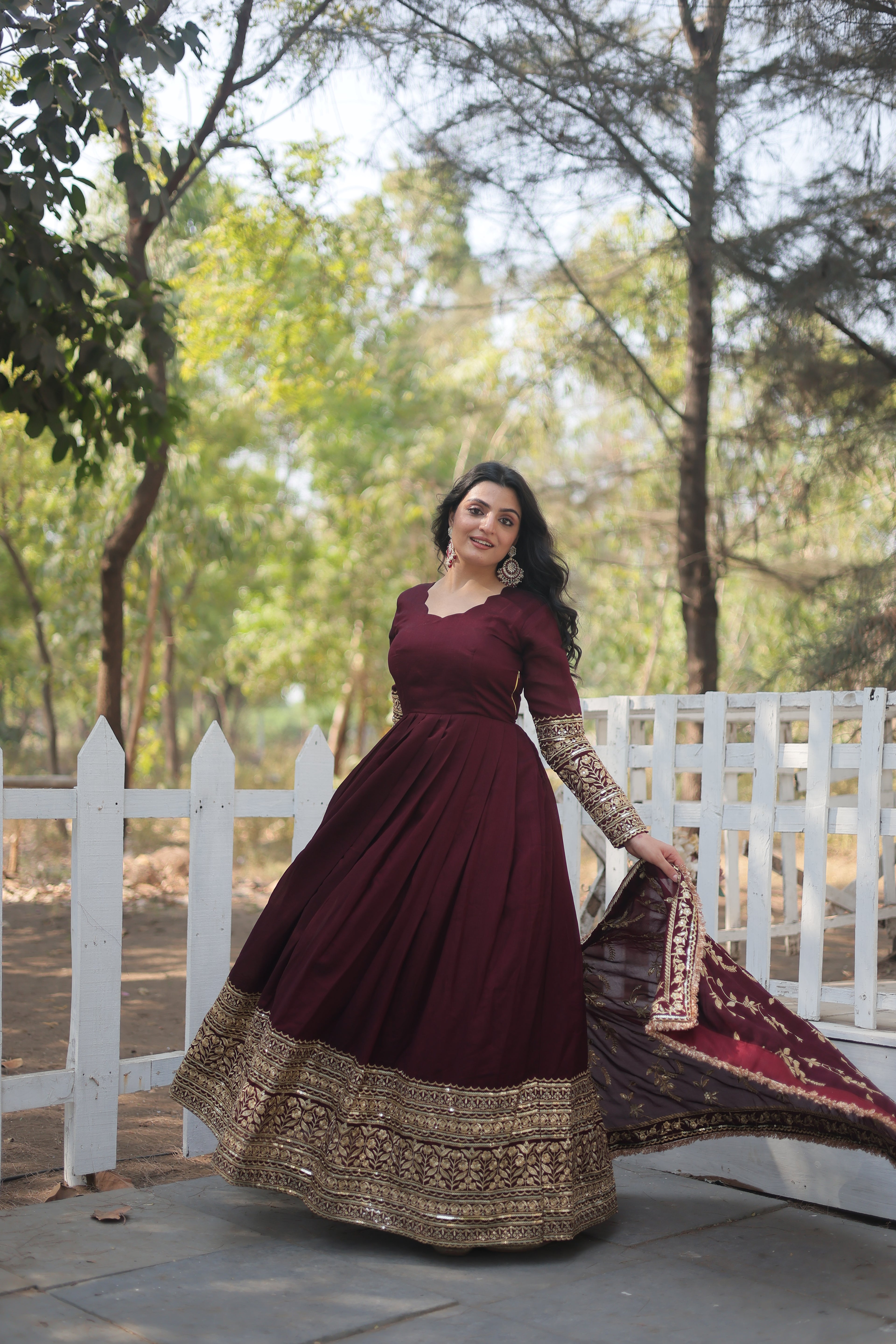Women’s Maroon Silk Gown – Elegant Designer Wear with Embroidered Detailing