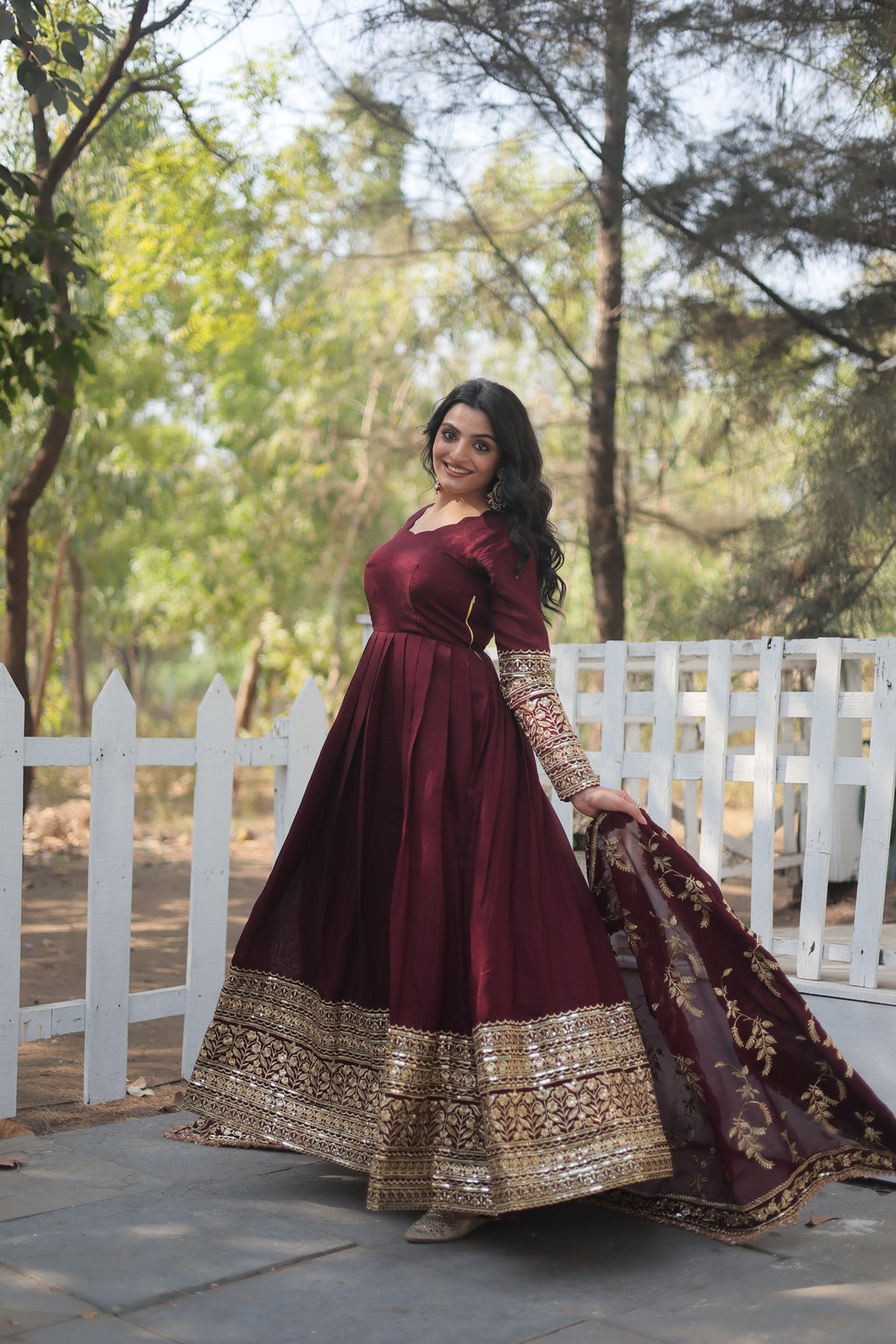 Women’s Maroon Silk Gown – Elegant Designer Wear with Embroidered Detailing