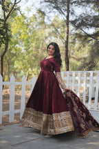 Women’s Maroon Silk Gown – Elegant Designer Wear with Embroidered Detailing