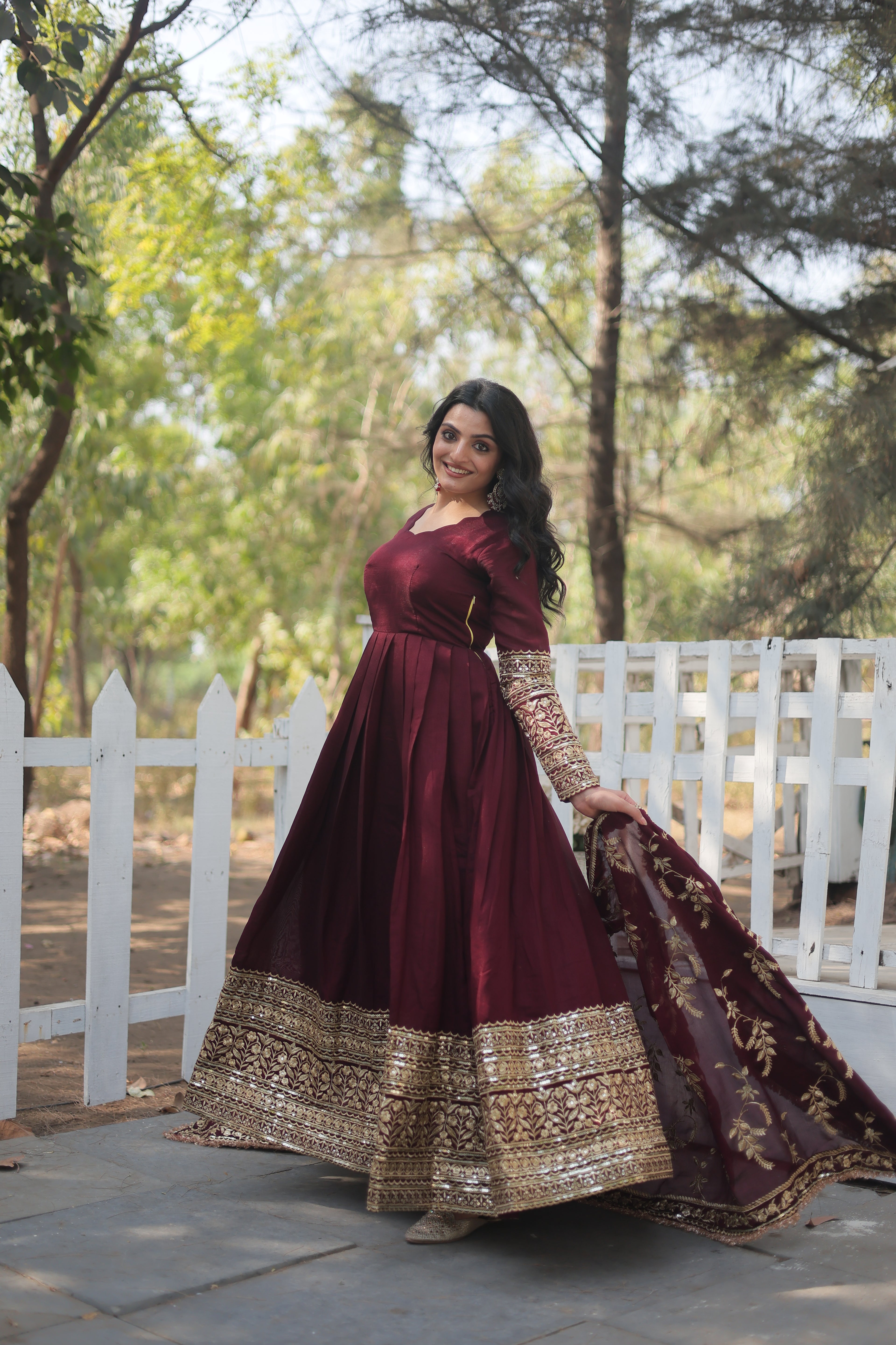 Women’s Maroon Silk Gown – Elegant Designer Wear with Embroidered Detailing