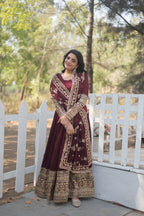 Women’s Maroon Silk Gown – Elegant Designer Wear with Embroidered Detailing