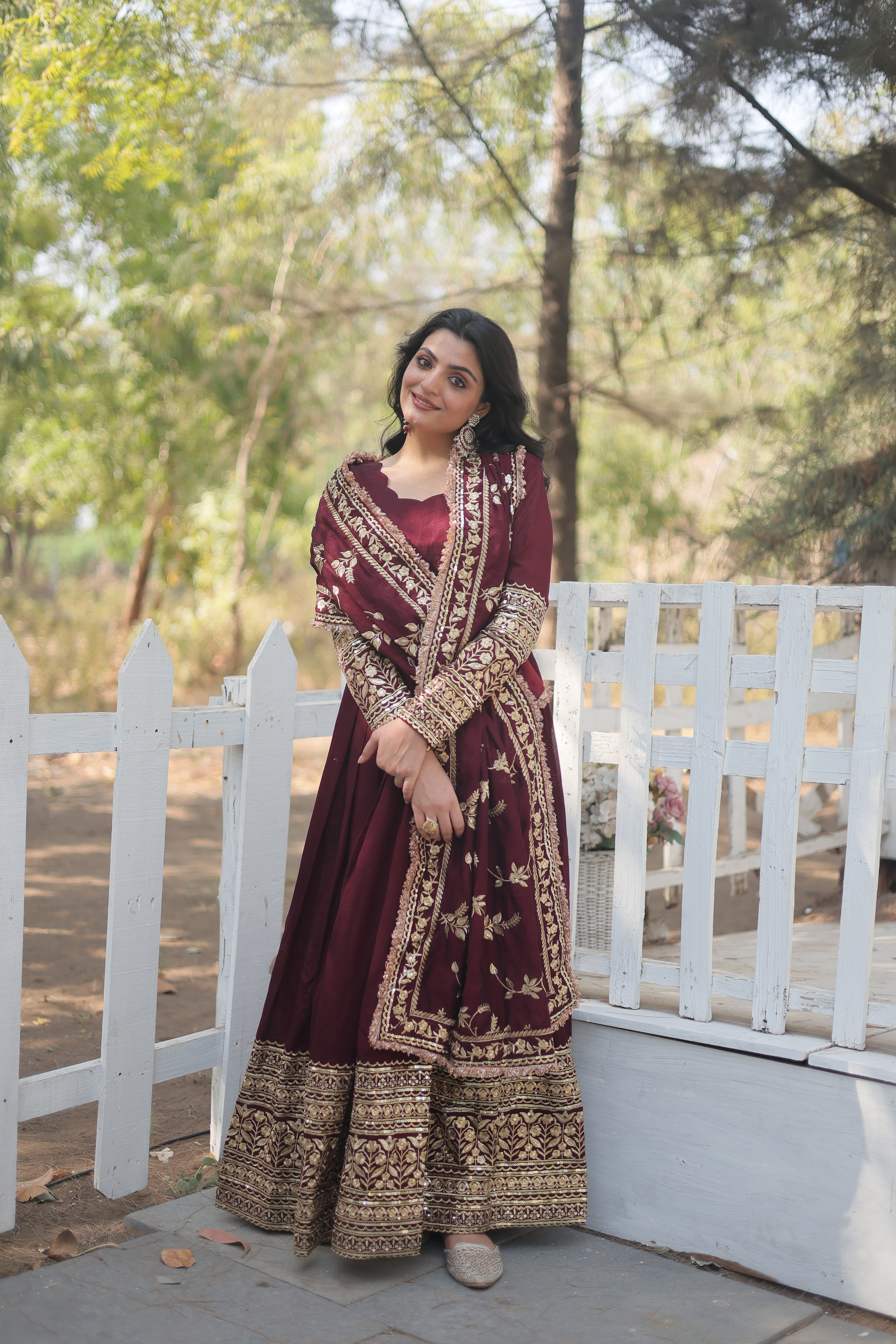 Women’s Maroon Silk Gown – Elegant Designer Wear with Embroidered Detailing
