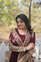 Women’s Maroon Silk Gown – Elegant Designer Wear with Embroidered Detailing
