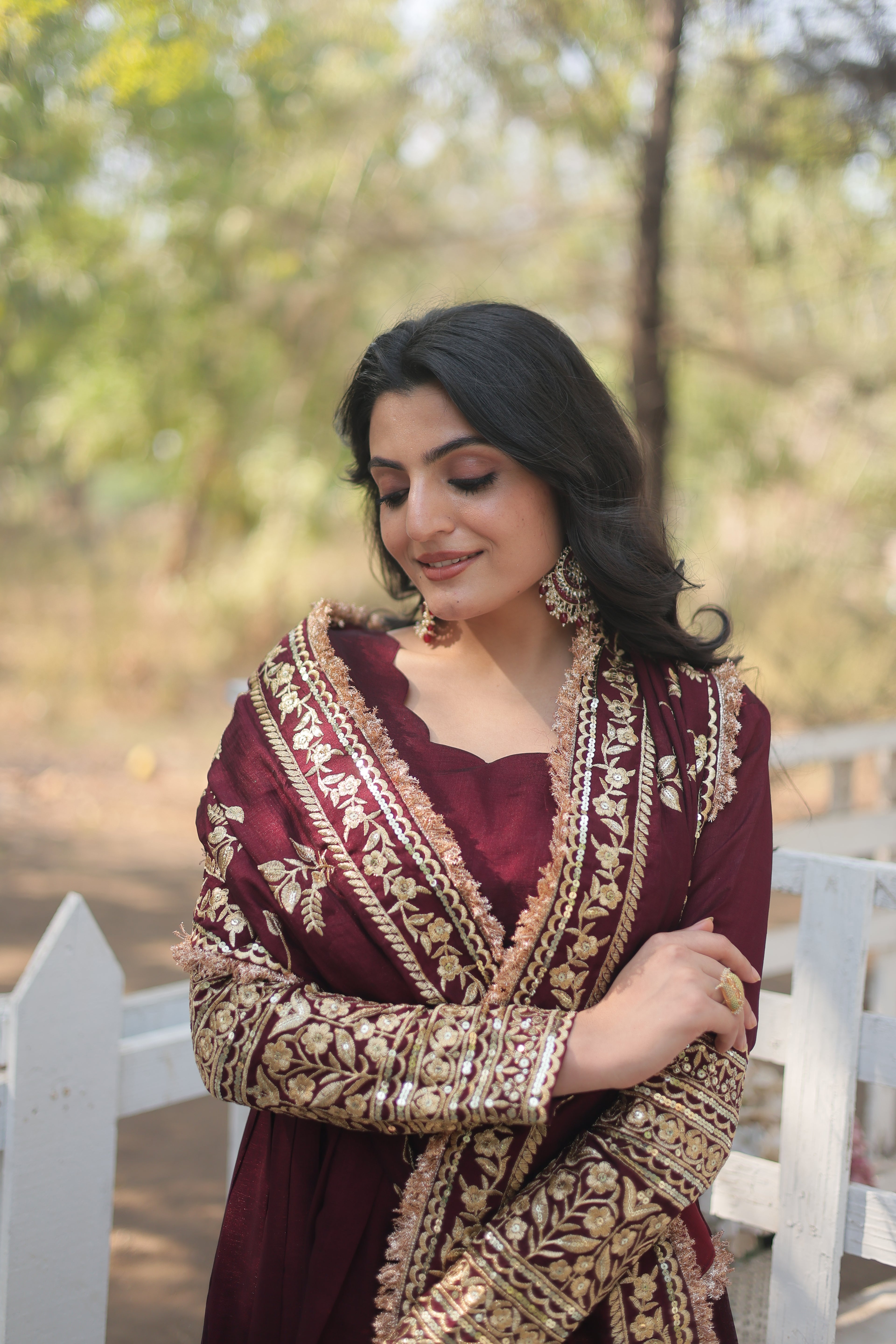 Women’s Maroon Silk Gown – Elegant Designer Wear with Embroidered Detailing