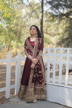 Women’s Maroon Silk Gown – Elegant Designer Wear with Embroidered Detailing