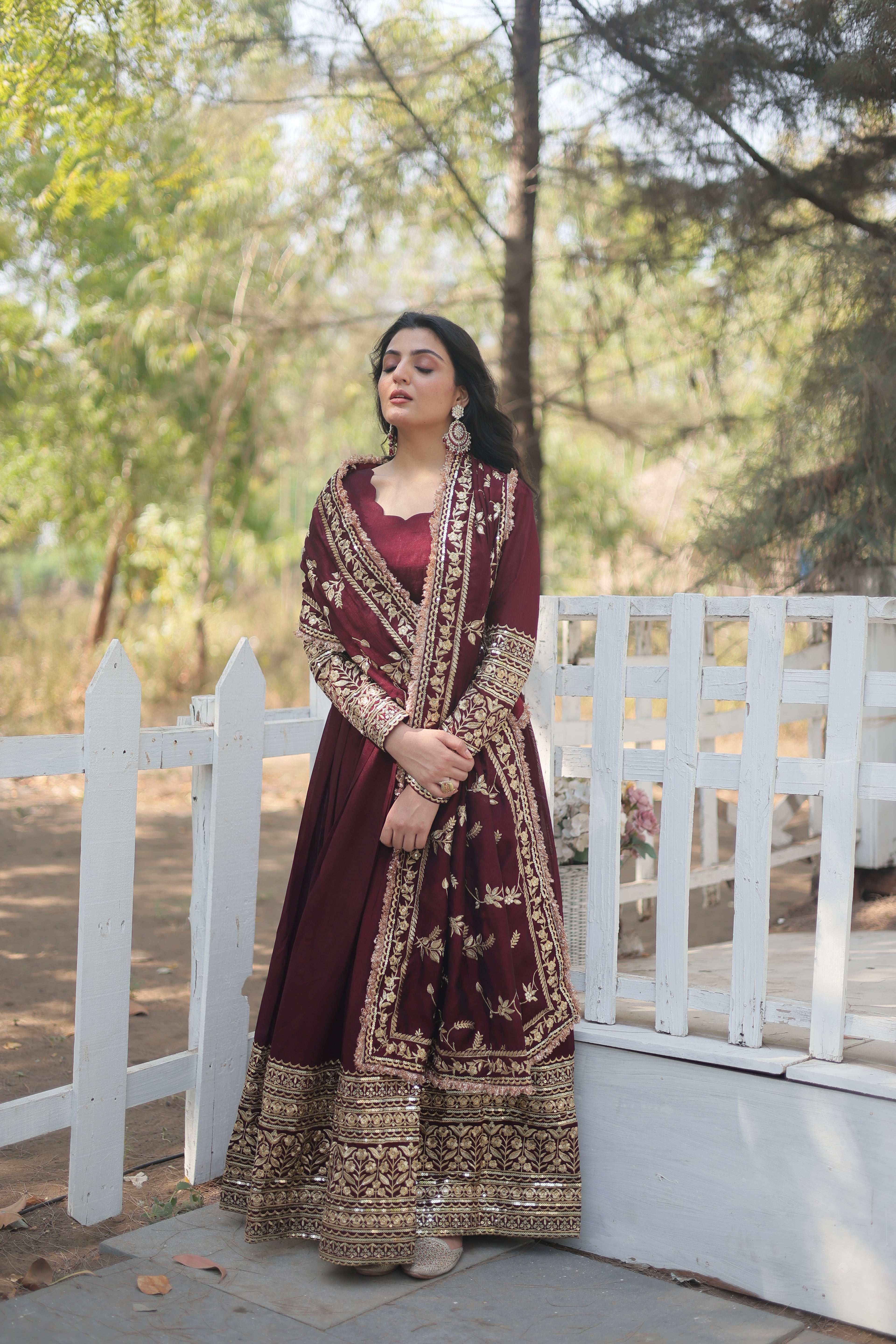 Women’s Maroon Silk Gown – Elegant Designer Wear with Embroidered Detailing