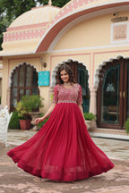 Women’s Pink Designer Gown – Luxury Zari, Thread & Sequins Embroidery