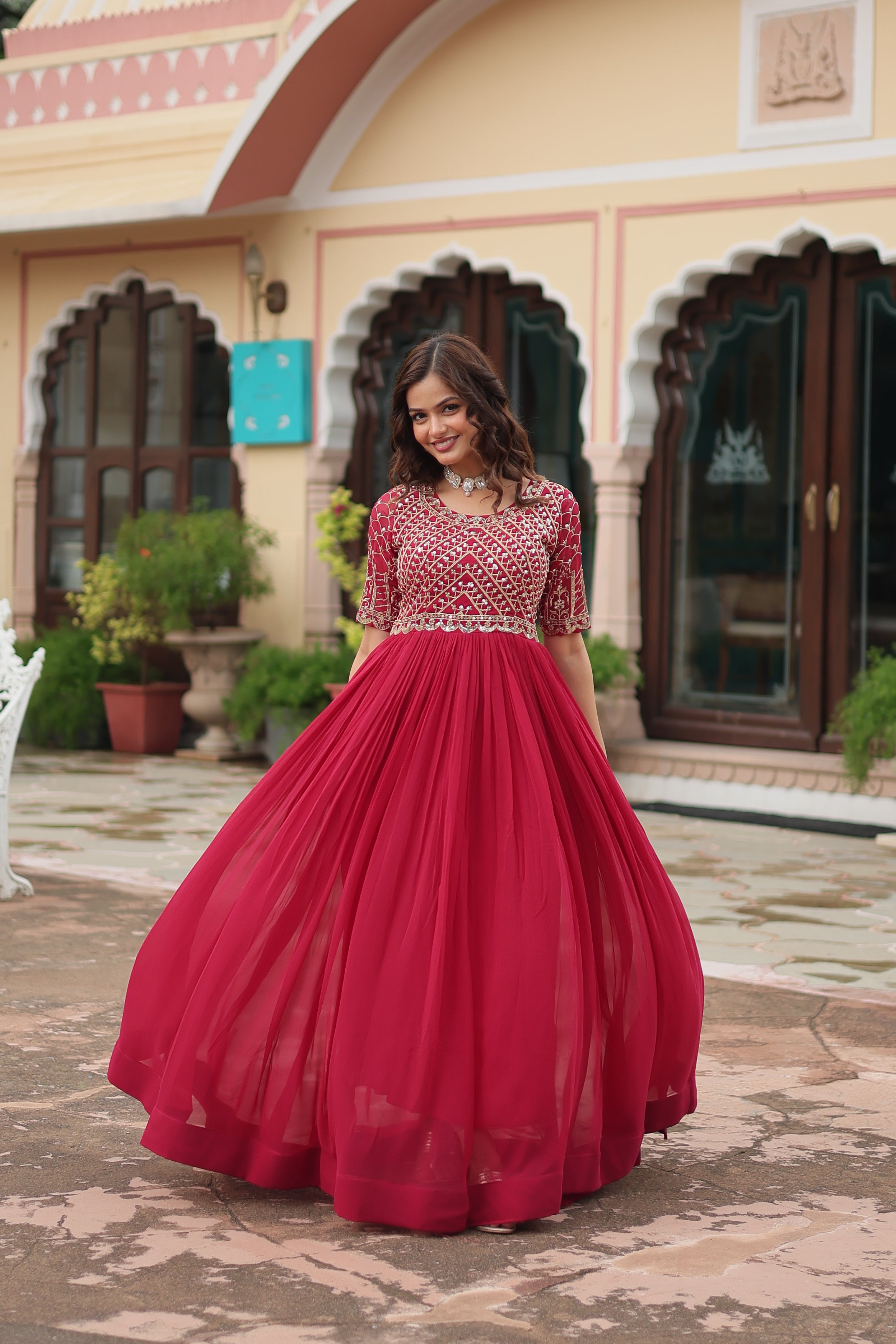 Women’s Pink Designer Gown – Luxury Zari, Thread & Sequins Embroidery