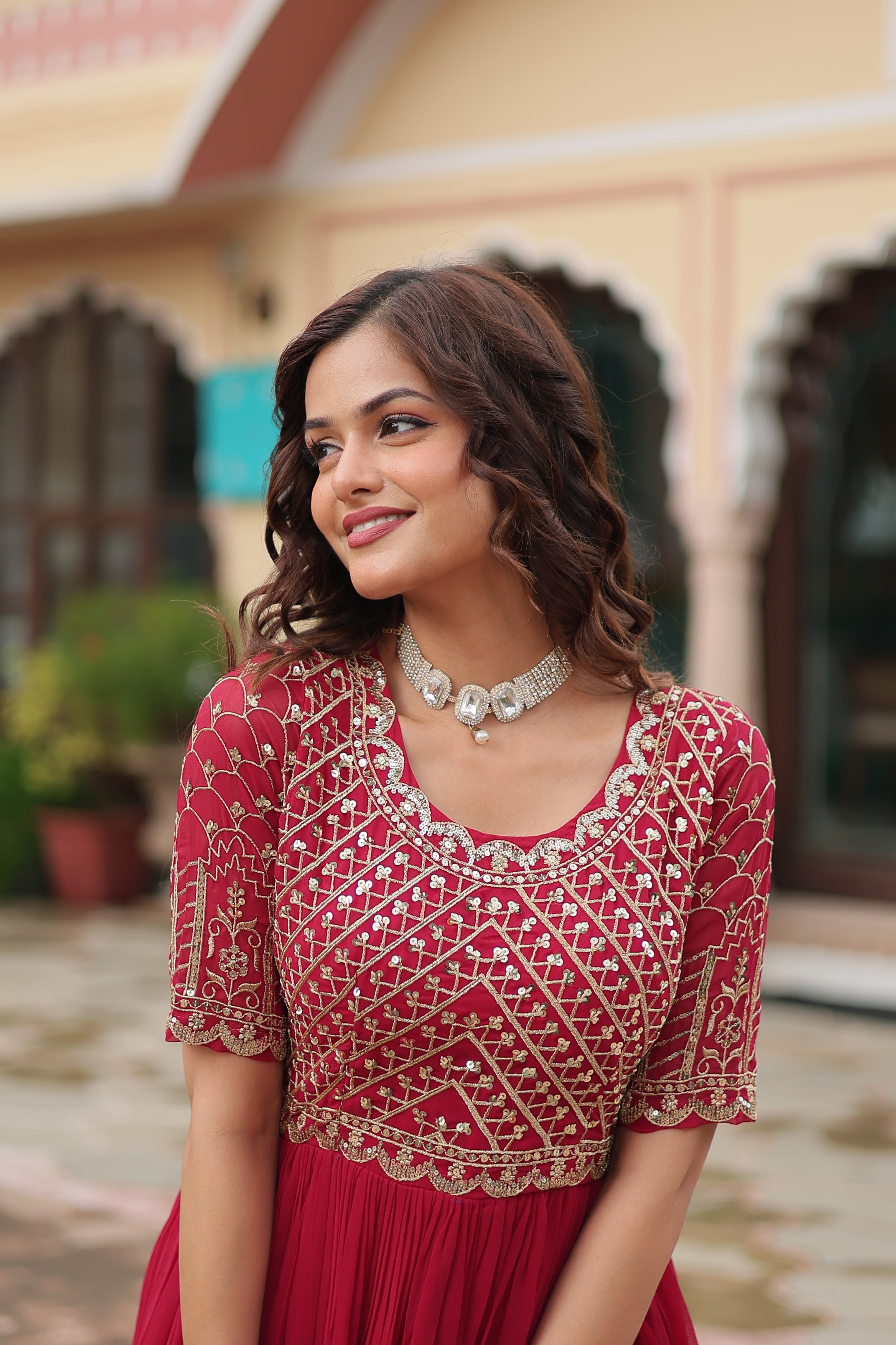 Women’s Pink Designer Gown – Luxury Zari, Thread & Sequins Embroidery