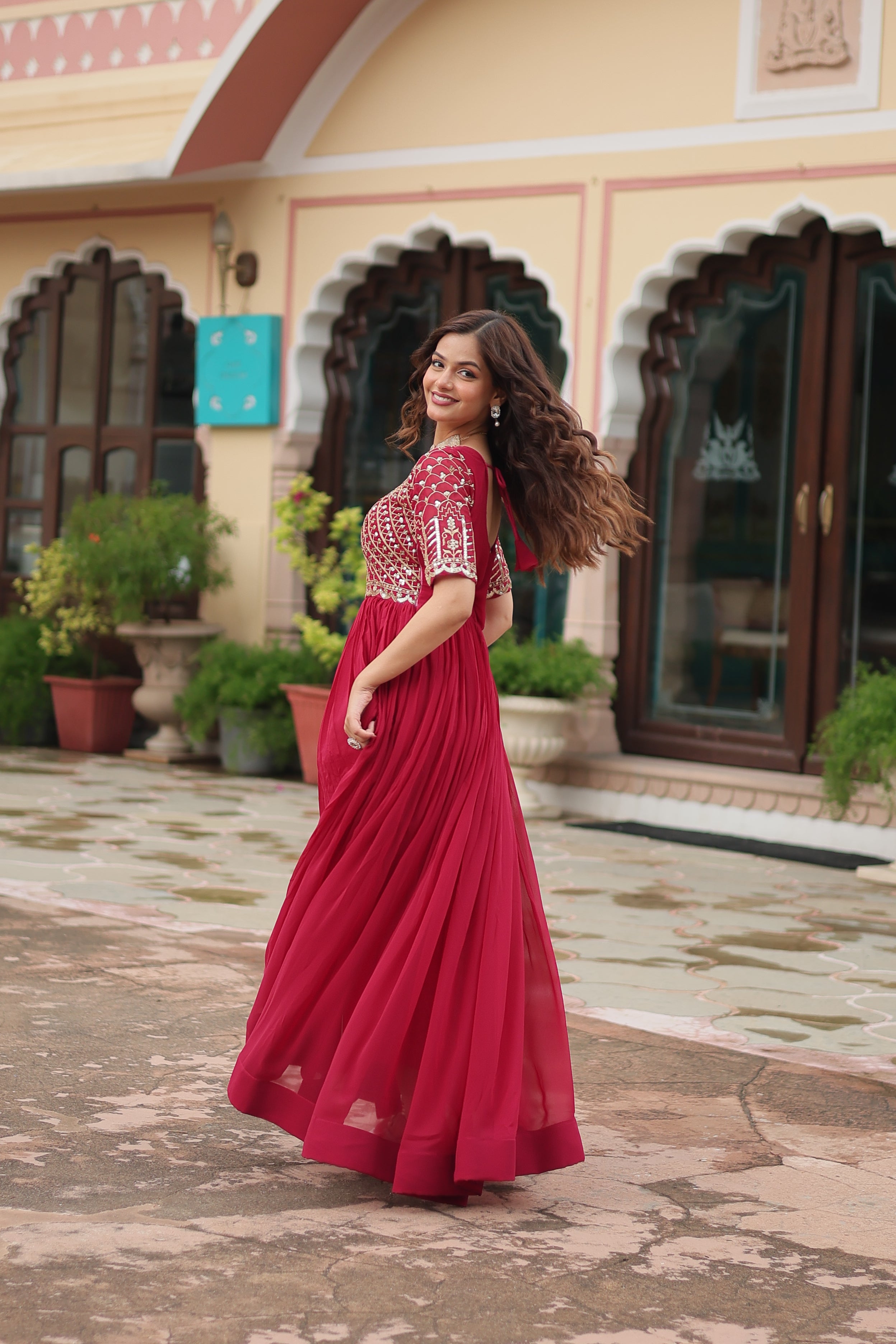 Women’s Pink Designer Gown – Luxury Zari, Thread & Sequins Embroidery