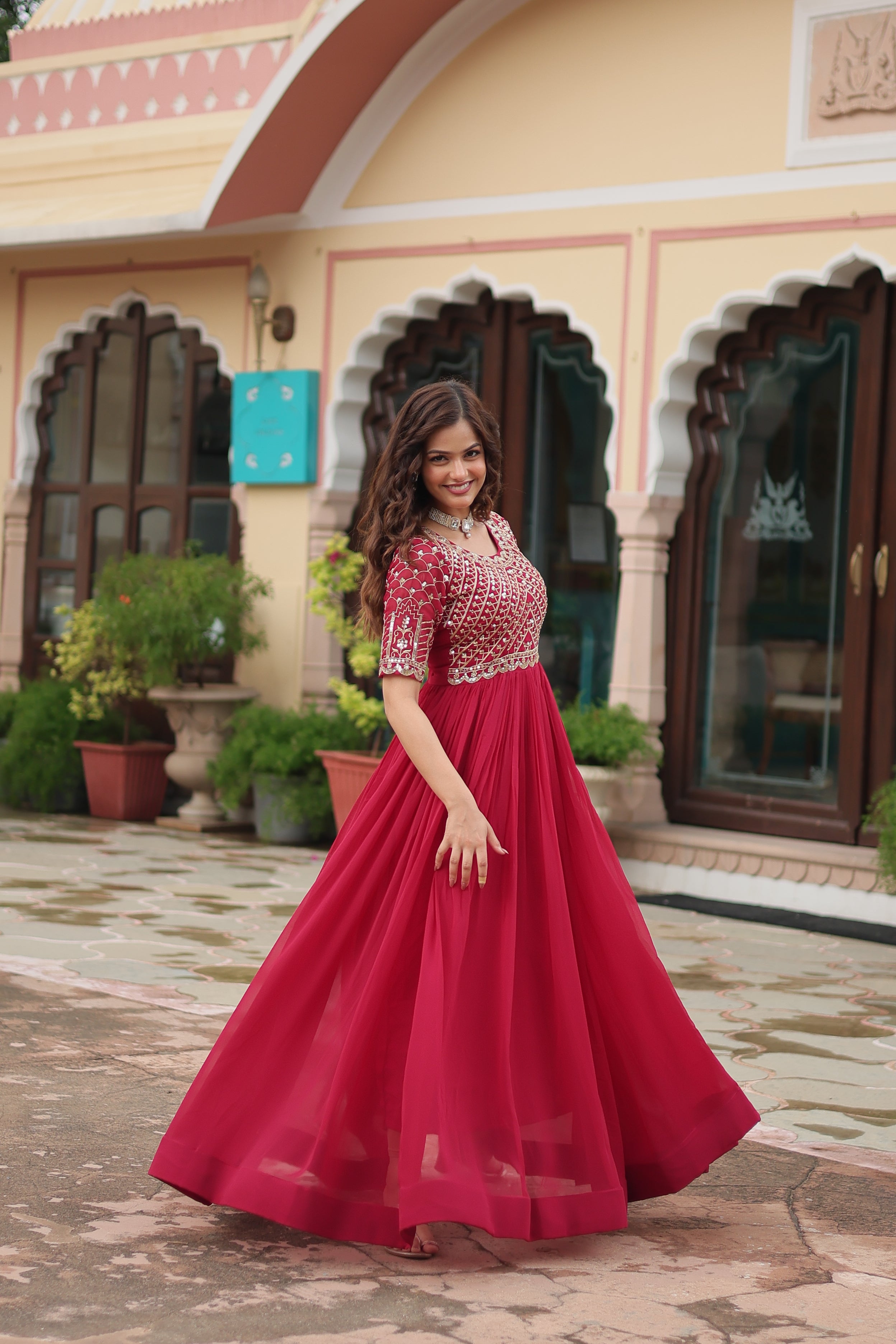 Women’s Pink Designer Gown – Luxury Zari, Thread & Sequins Embroidery