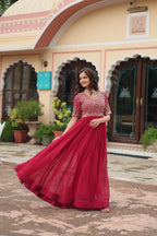 Women’s Pink Designer Gown – Luxury Zari, Thread & Sequins Embroidery
