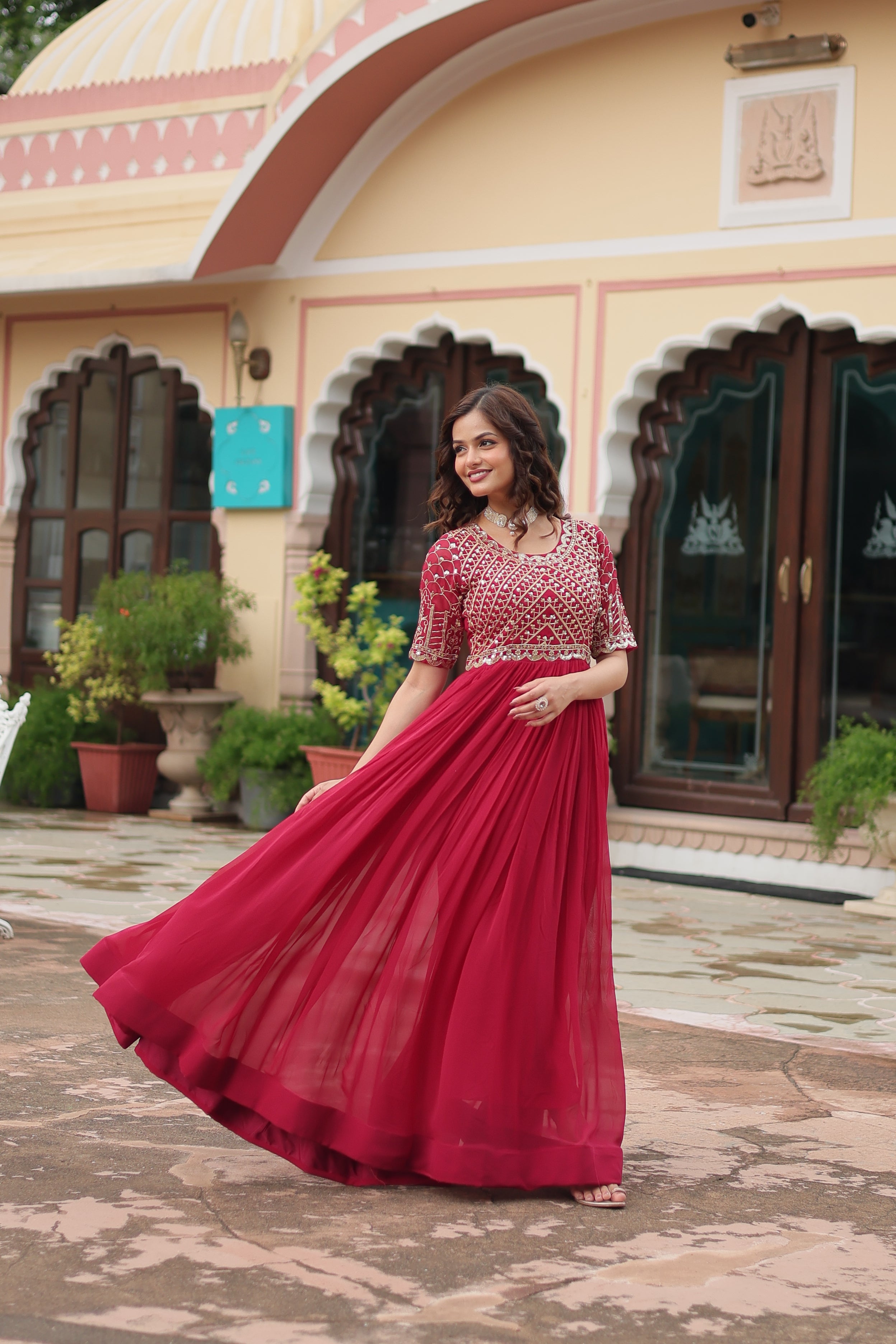 Women’s Pink Designer Gown – Luxury Zari, Thread & Sequins Embroidery