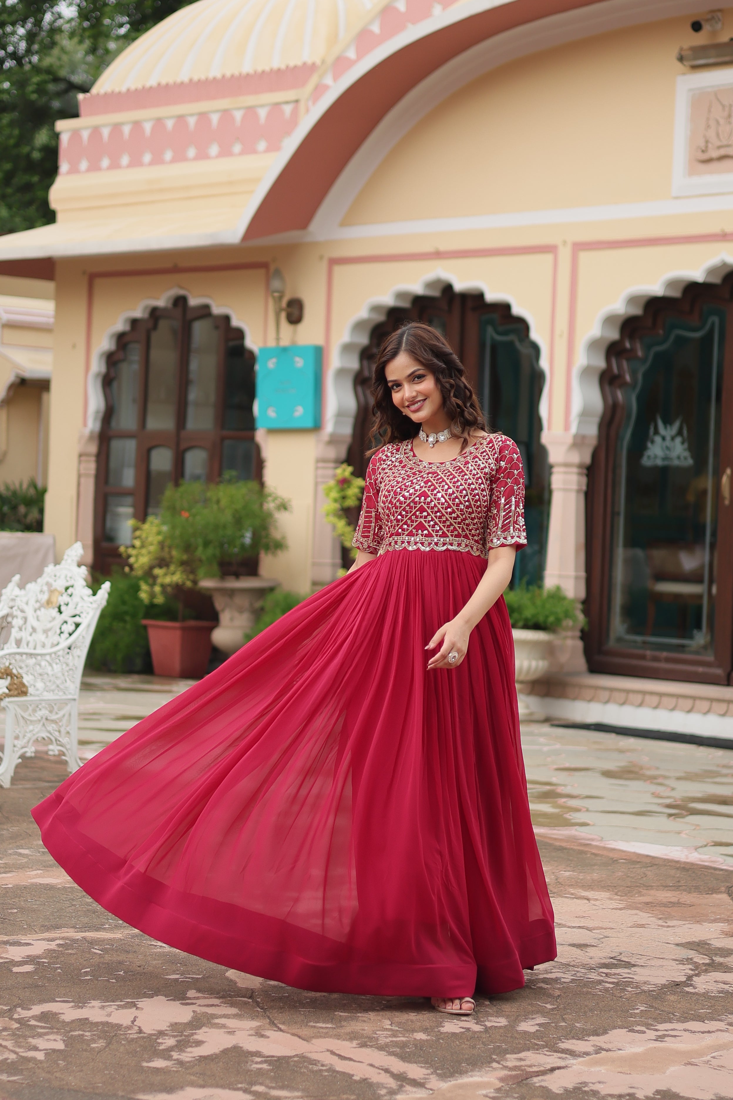 Women’s Pink Designer Gown – Luxury Zari, Thread & Sequins Embroidery