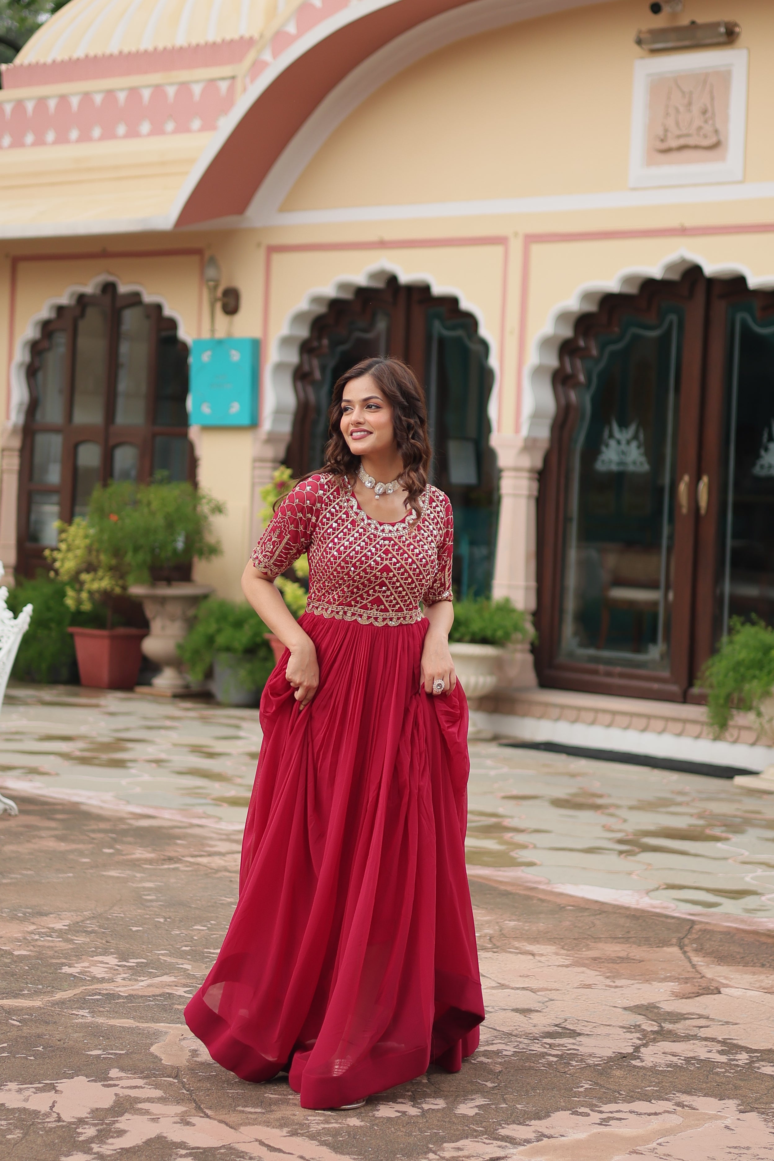 Women’s Pink Designer Gown – Luxury Zari, Thread & Sequins Embroidery