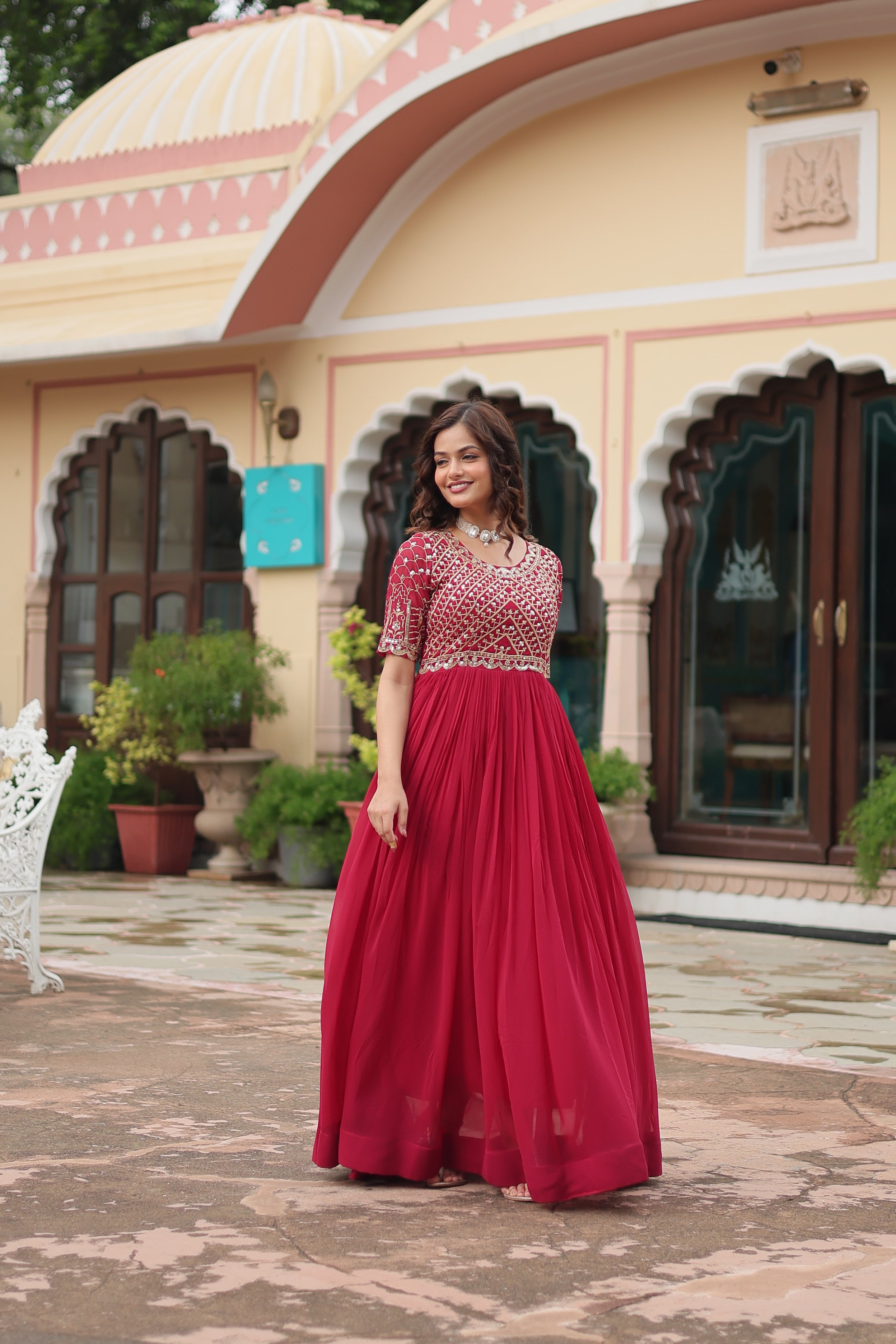 Women’s Pink Designer Gown – Luxury Zari, Thread & Sequins Embroidery