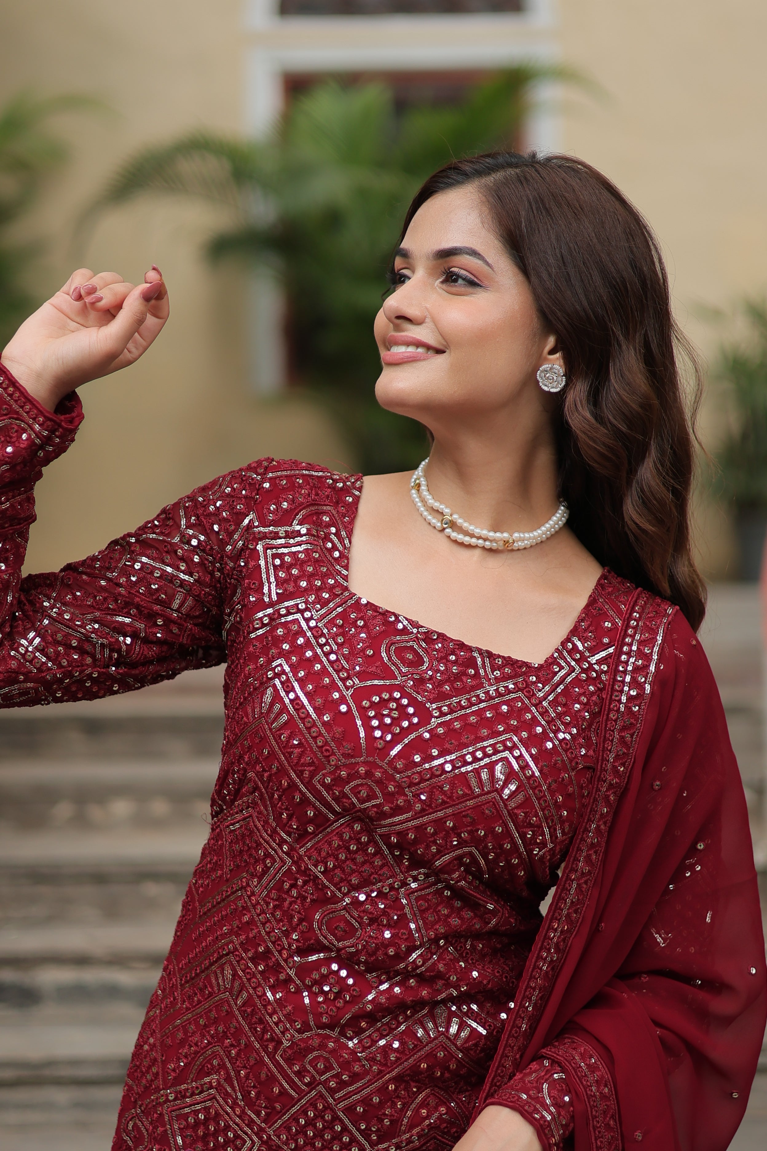 Women’s Maroon Georgette Salwar Suit – Elegant Embroidered Designer Wear