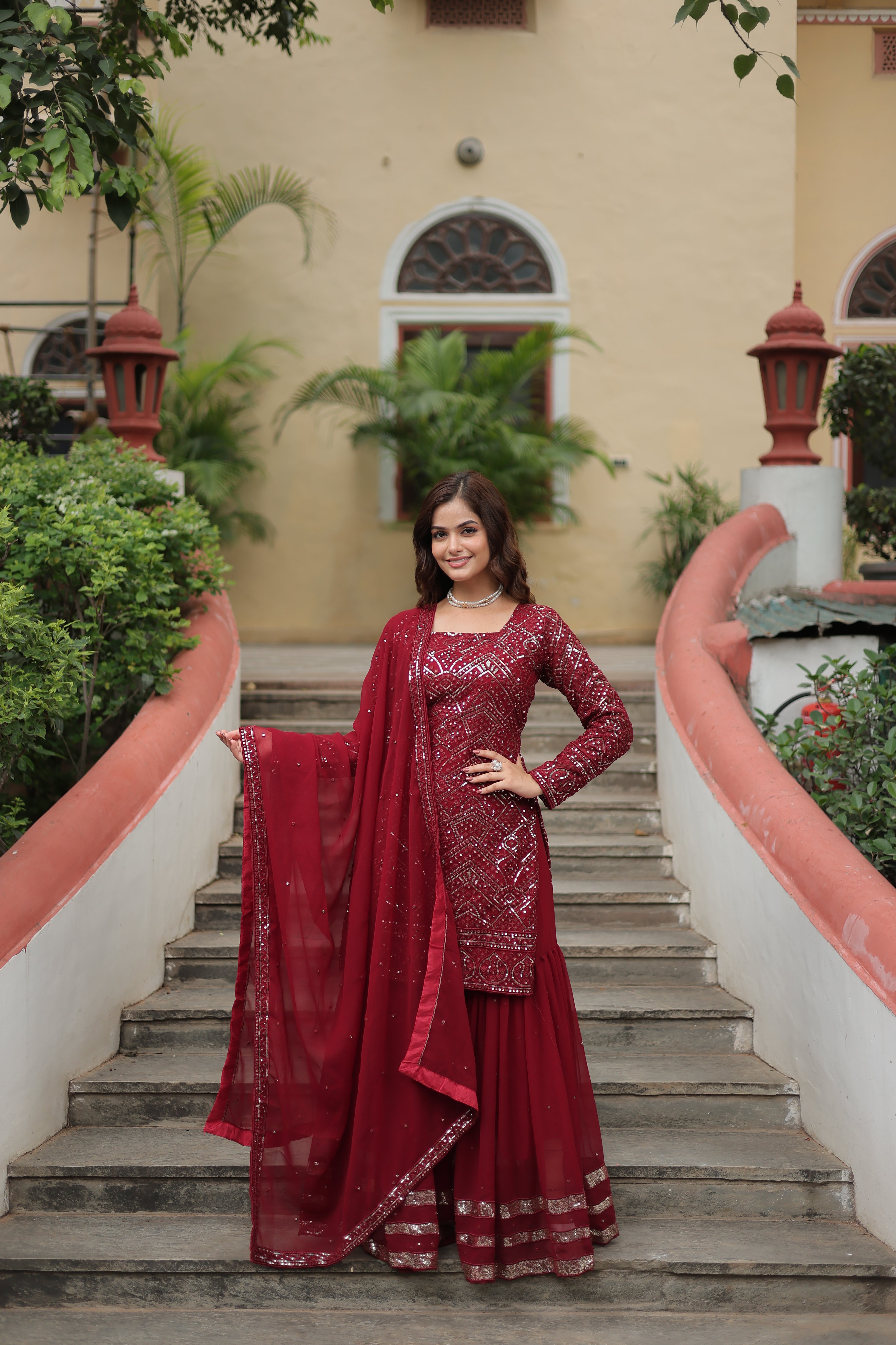 Women’s Maroon Georgette Salwar Suit – Elegant Embroidered Designer Wear