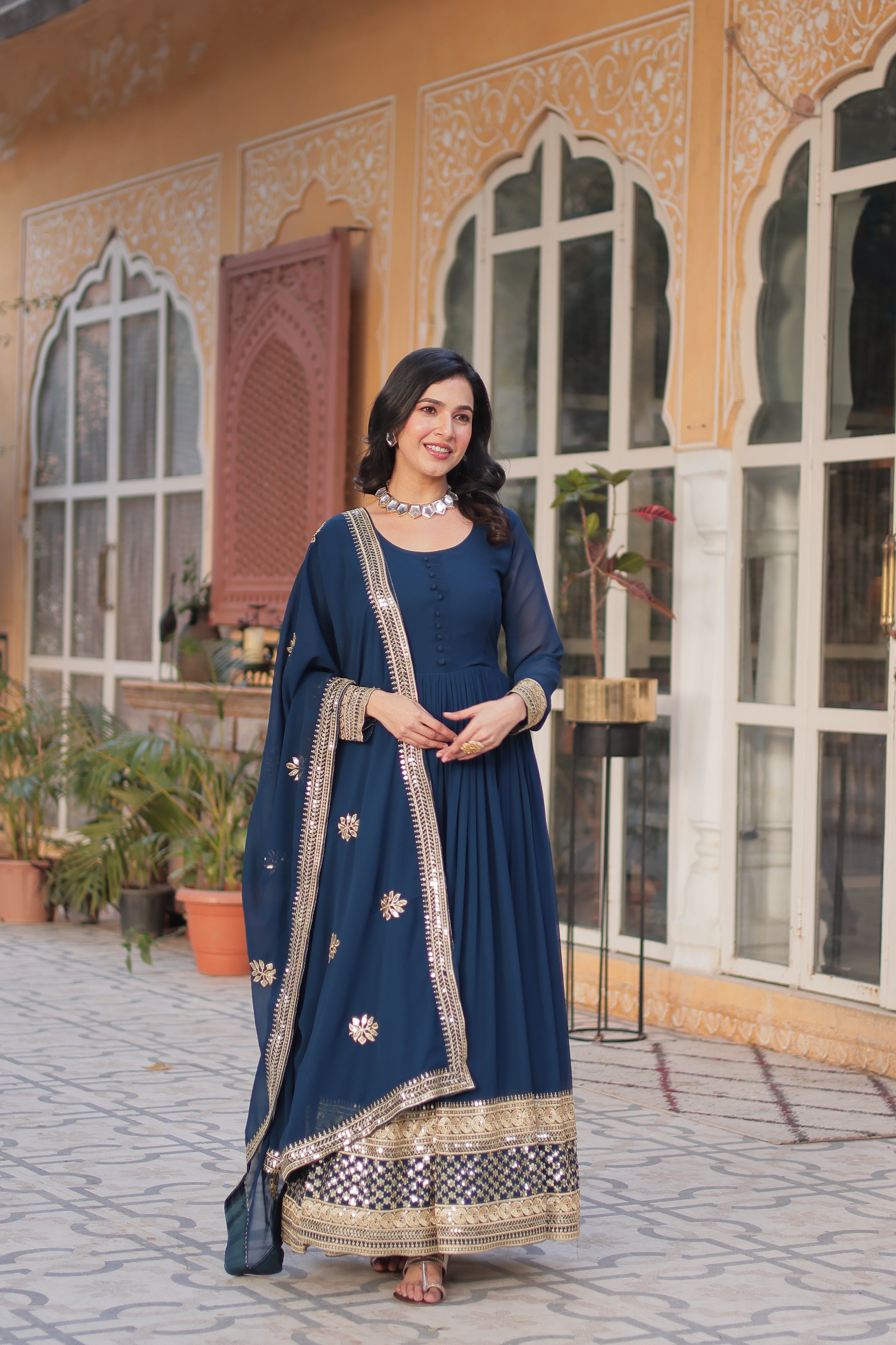 Women’s Blue Georgette Gown – Elegant Designer Party Wear