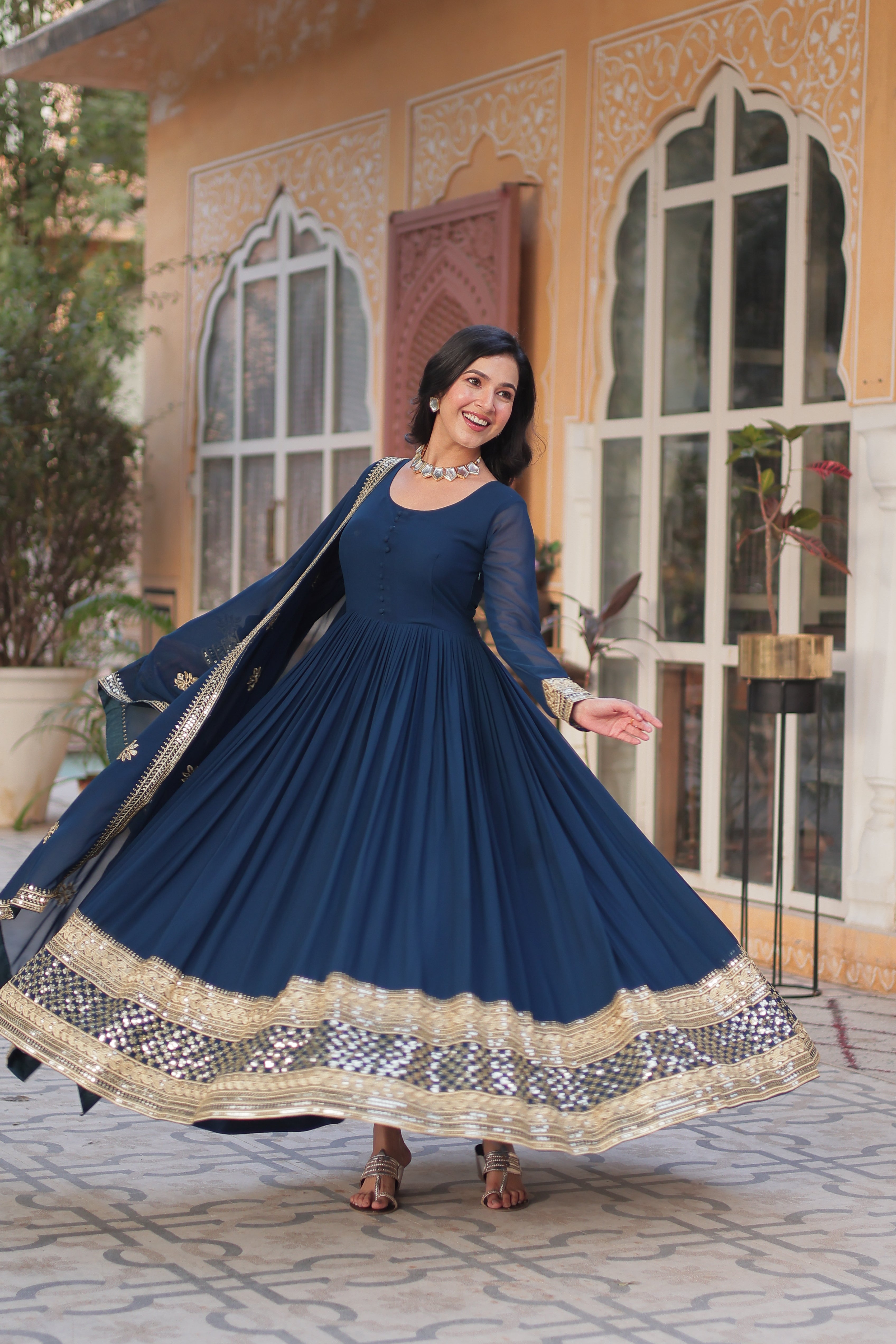 Women’s Blue Georgette Gown – Elegant Designer Party Wear