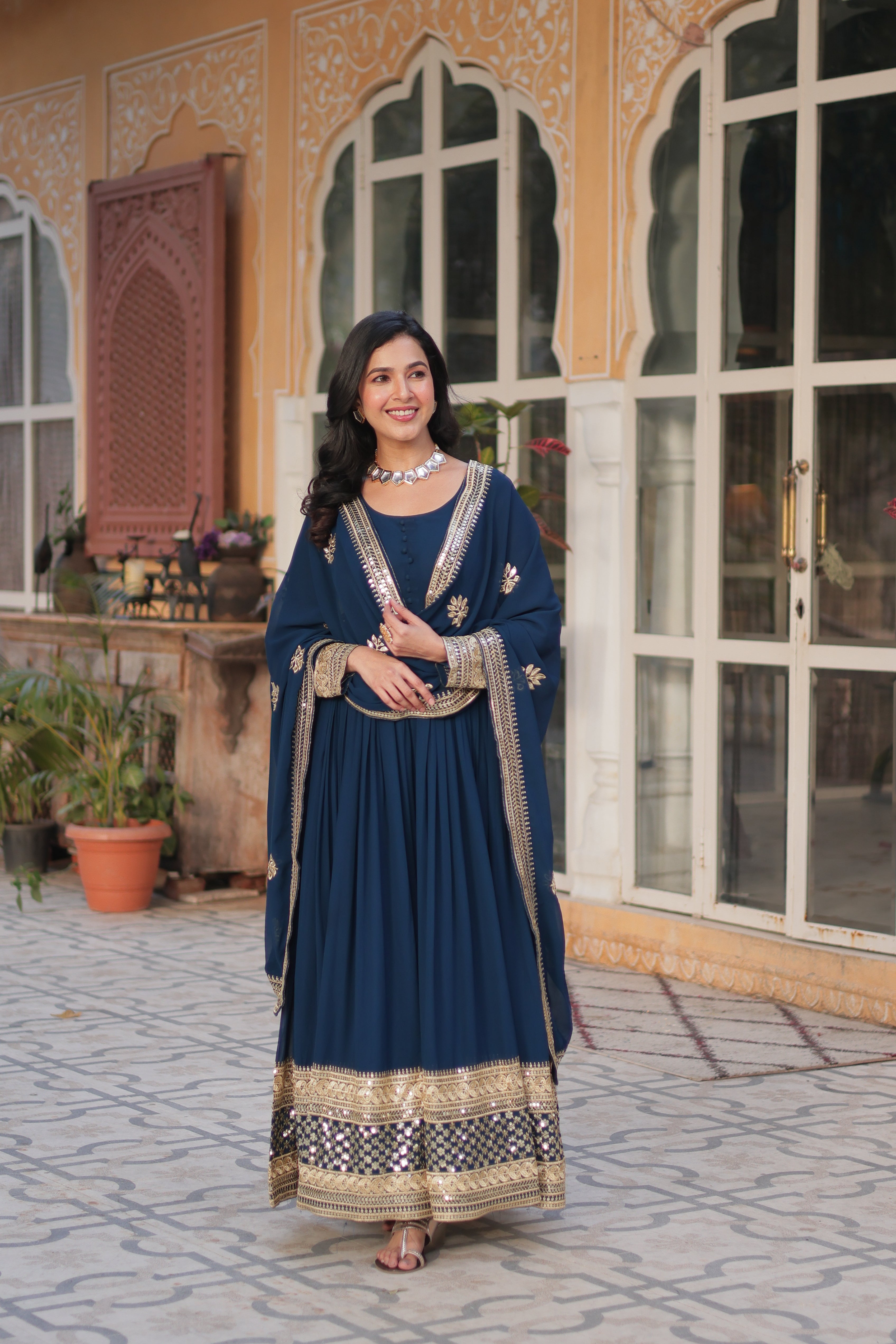 Women’s Blue Georgette Gown – Elegant Designer Party Wear