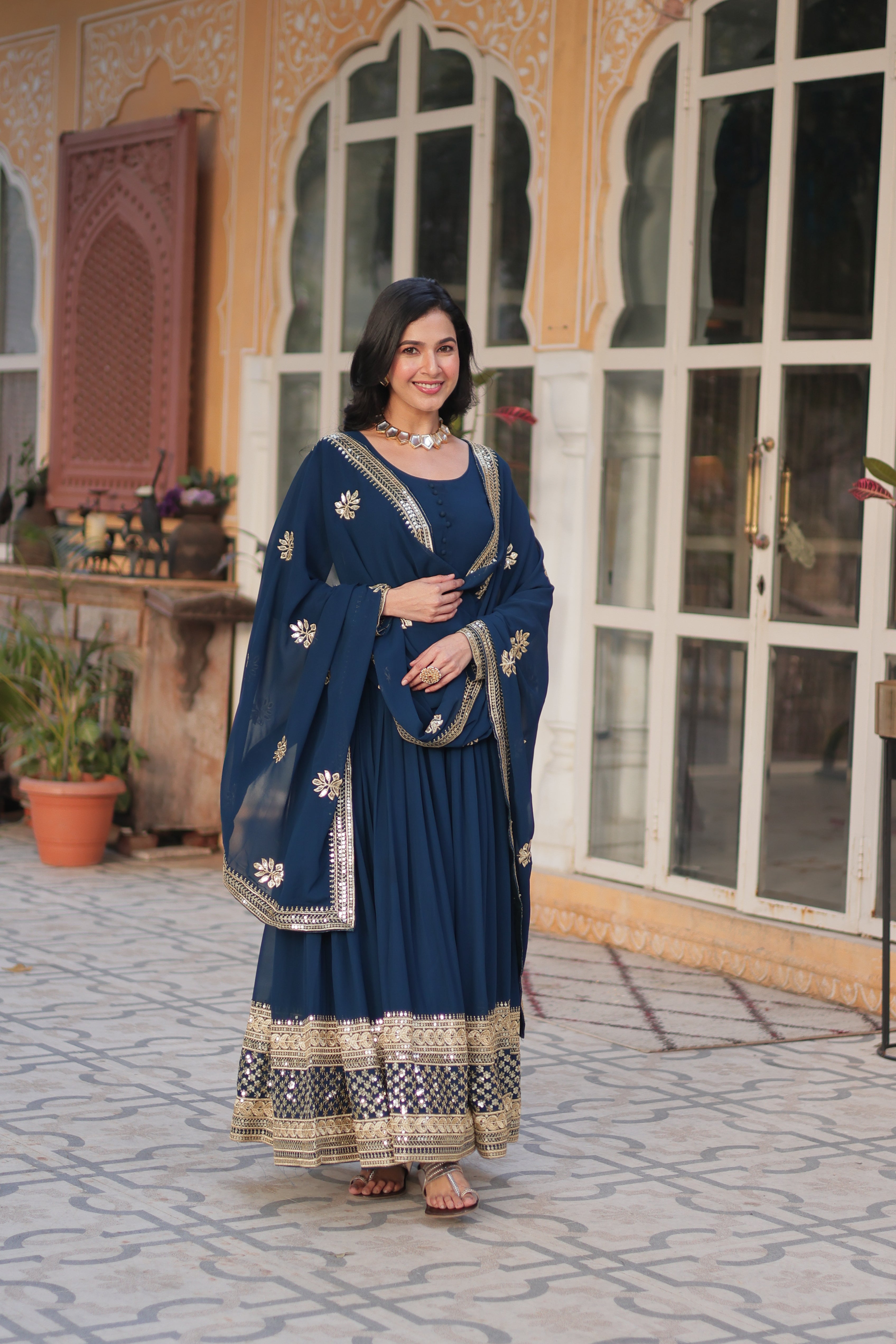 Women’s Blue Georgette Gown – Elegant Designer Party Wear