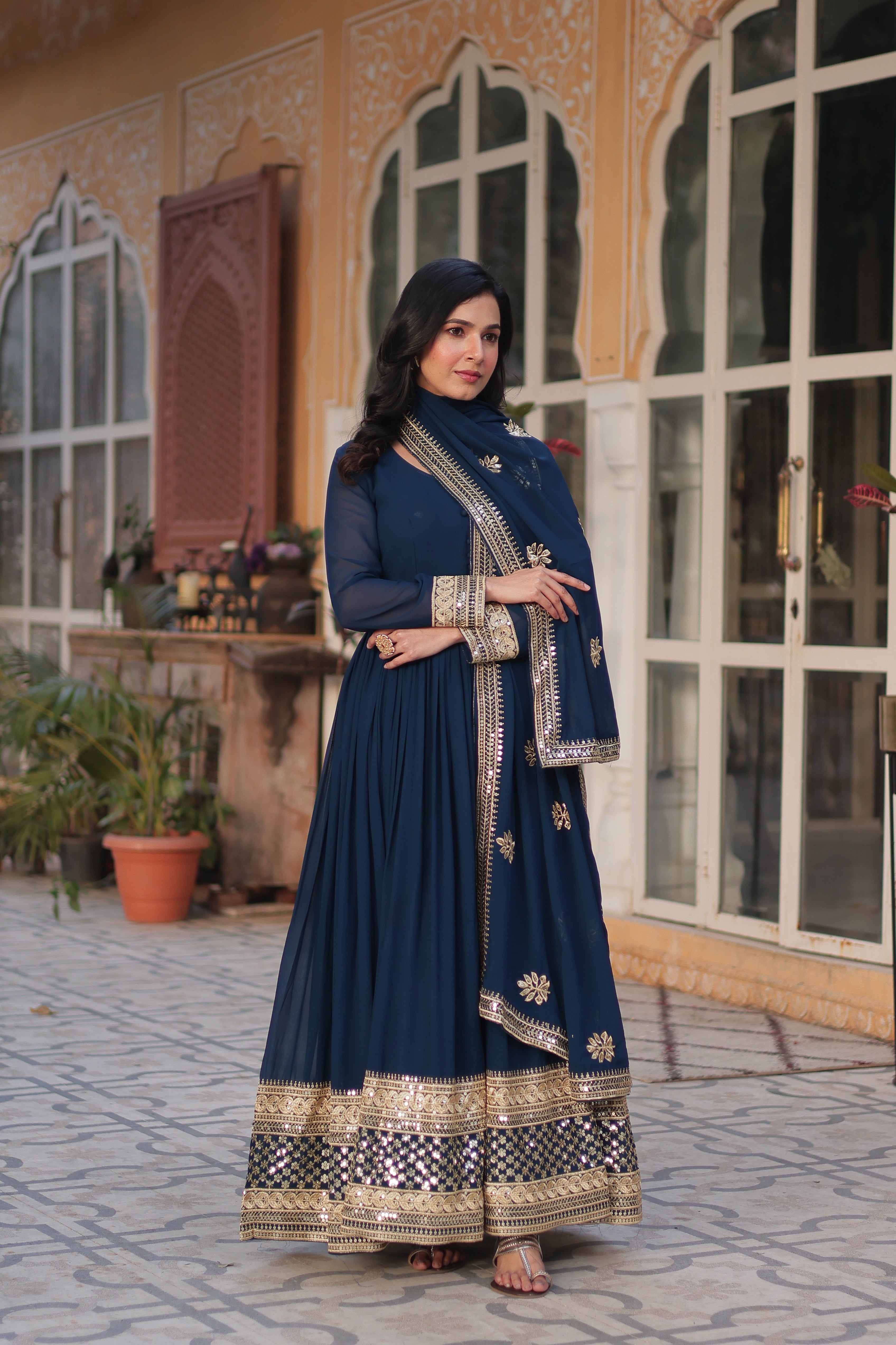 Women’s Blue Georgette Gown – Elegant Designer Party Wear