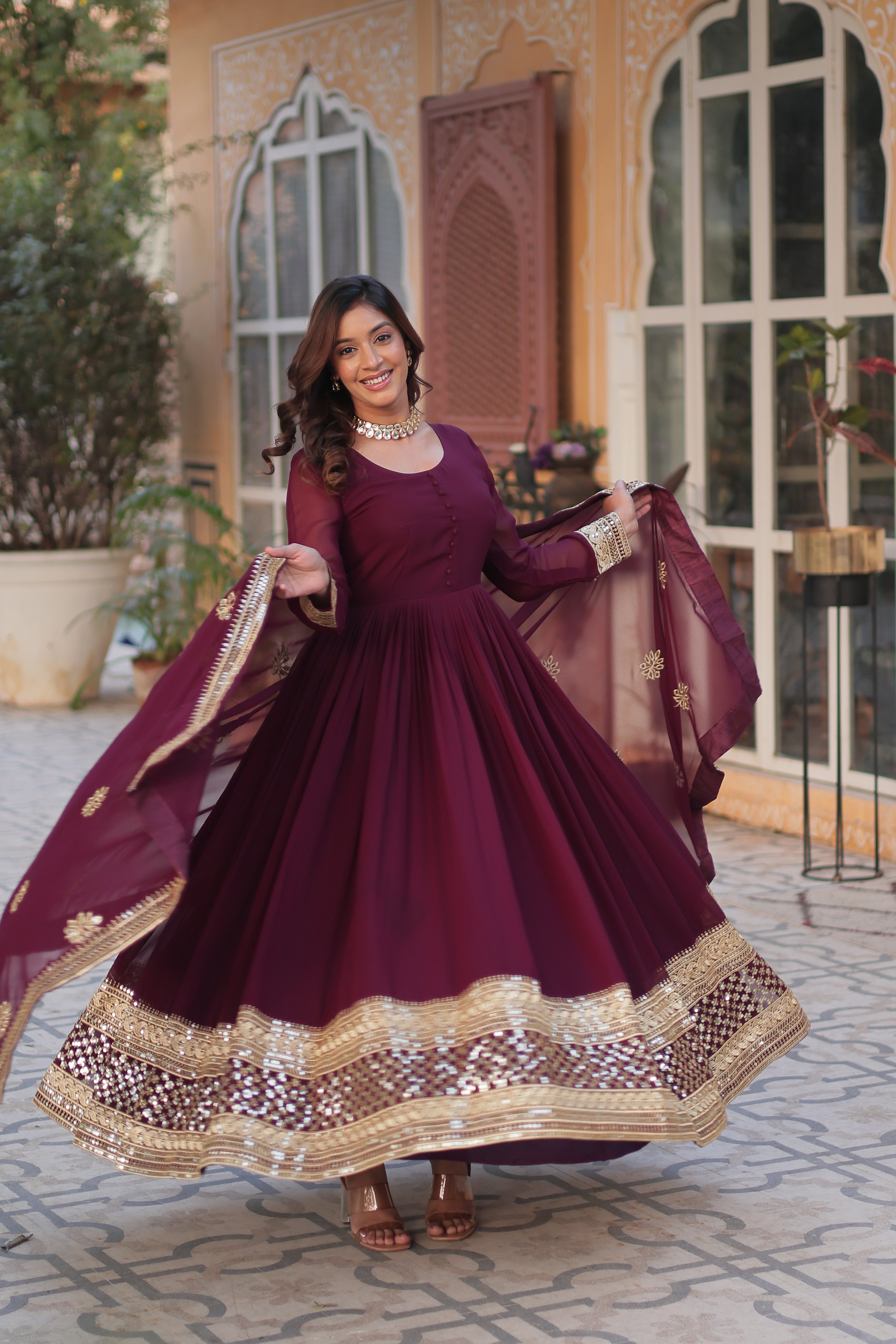 Women’s Wine Georgette Gown – Elegant Designer Party Wear